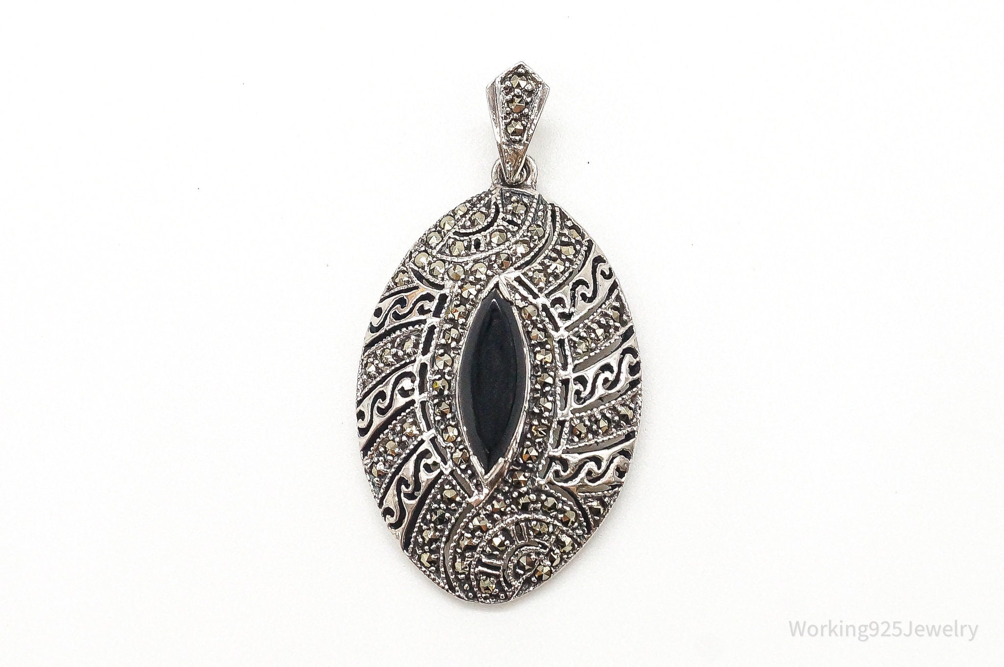 Vintage Large Black Onyx Marcasite Sterling Silver Pendant