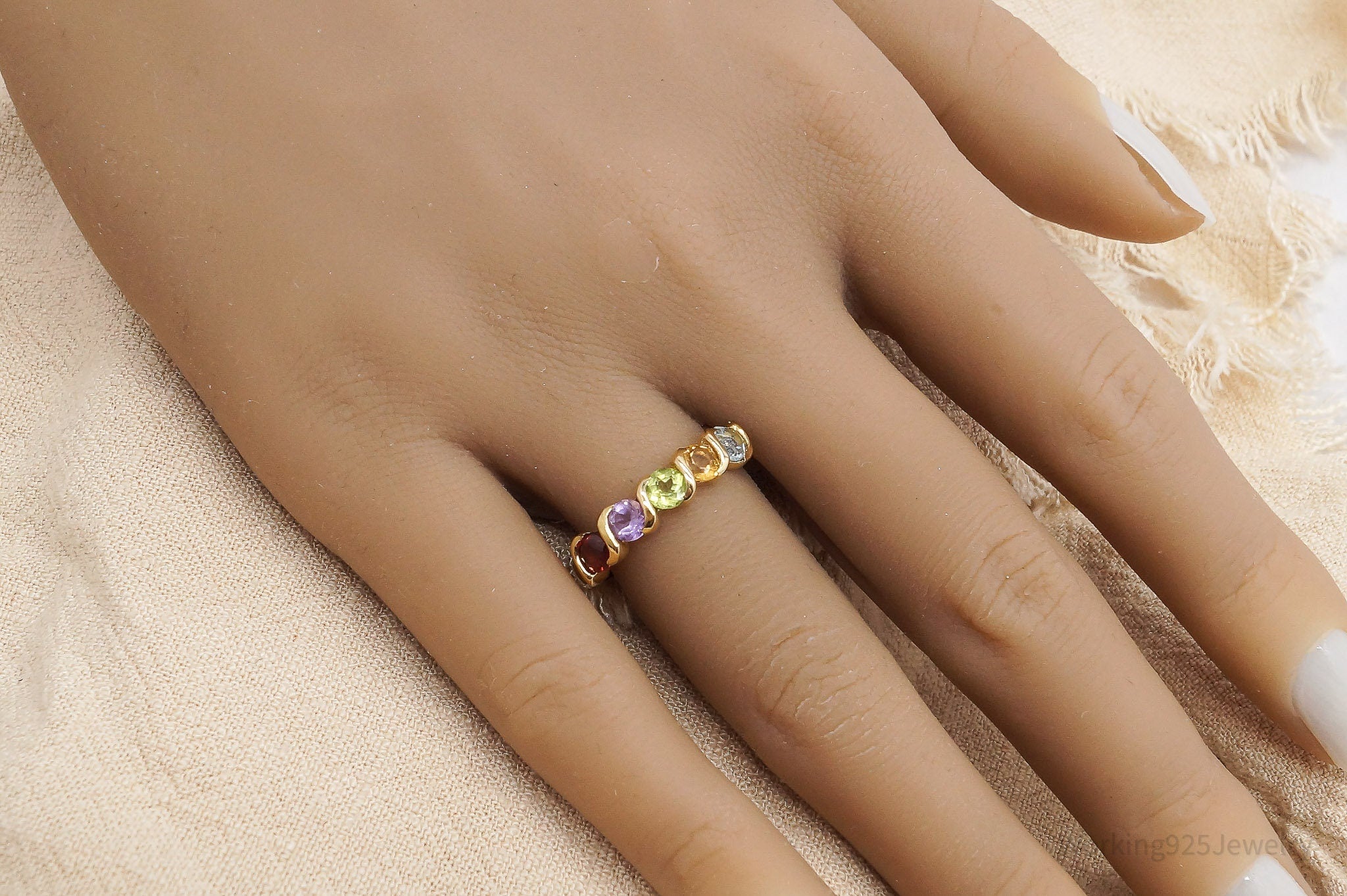 Vintage DBJ Multi Gemstone Gold Vermeil Sterling Silver Ring - Size 7.75