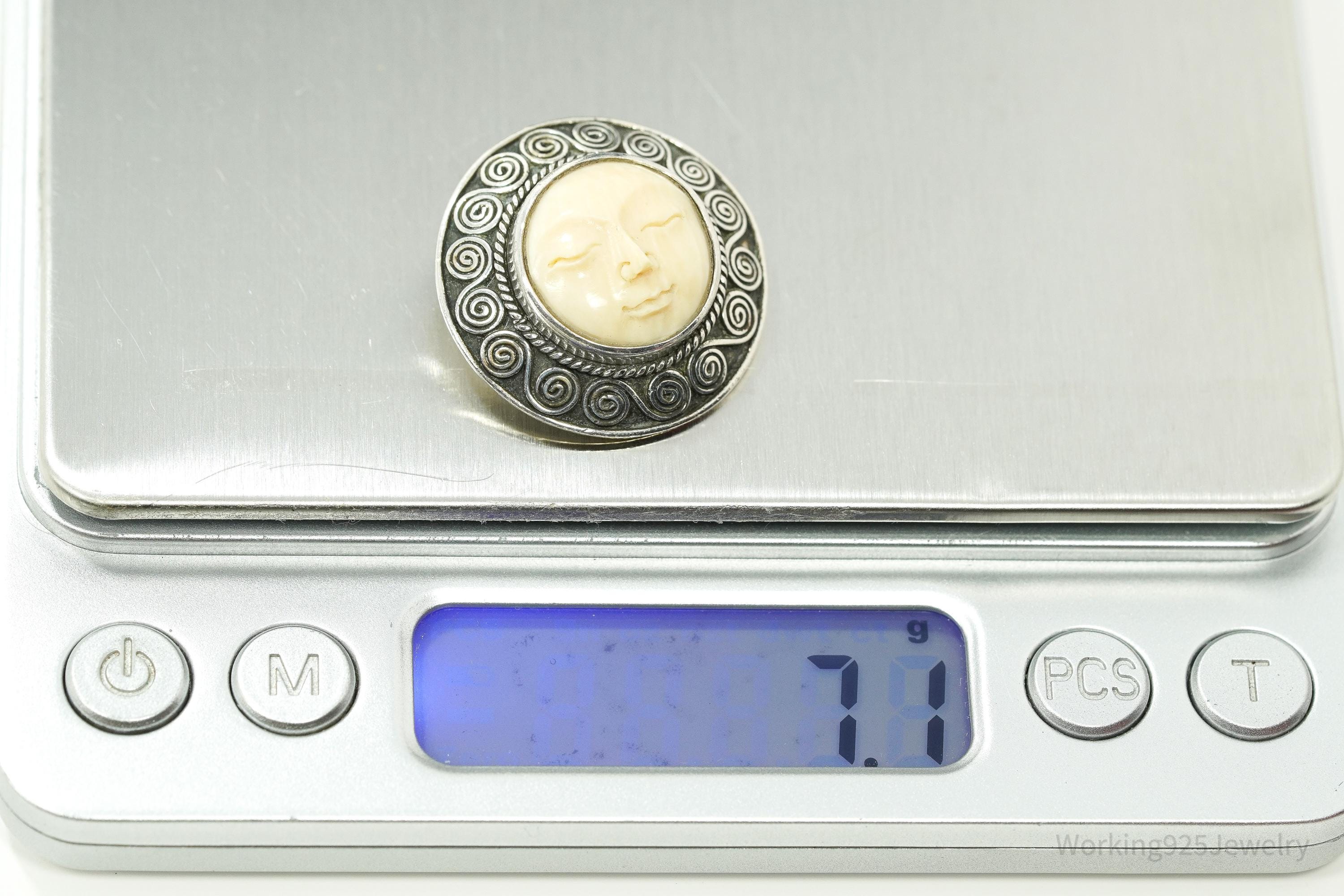 Vintage Carved Sleeping Moon Face Sterling Silver Pendant