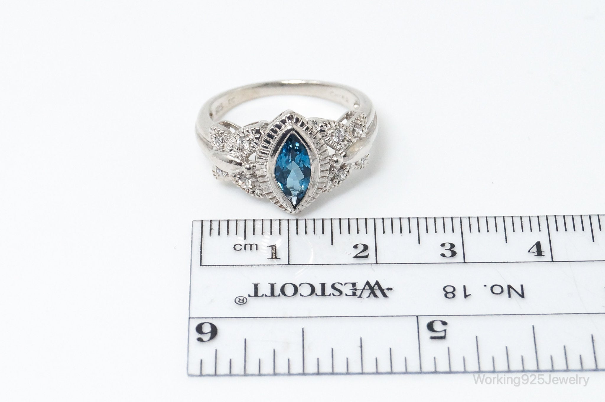 Vintage London Blue Topaz Cubic Zirconia Ring Sterling Silver - Size 7.75