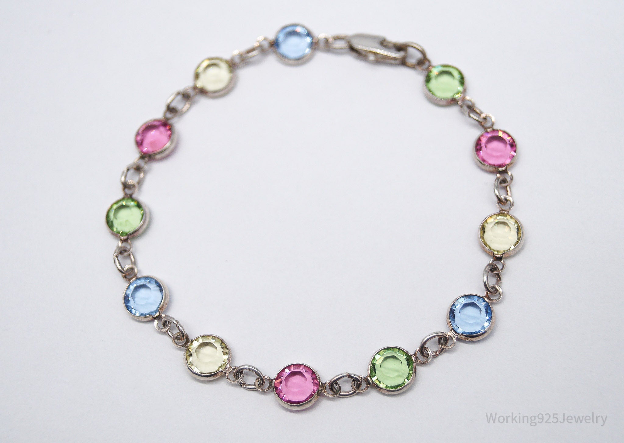 Vintage Rainbow Crystal Silver Bracelet - 7.25"
