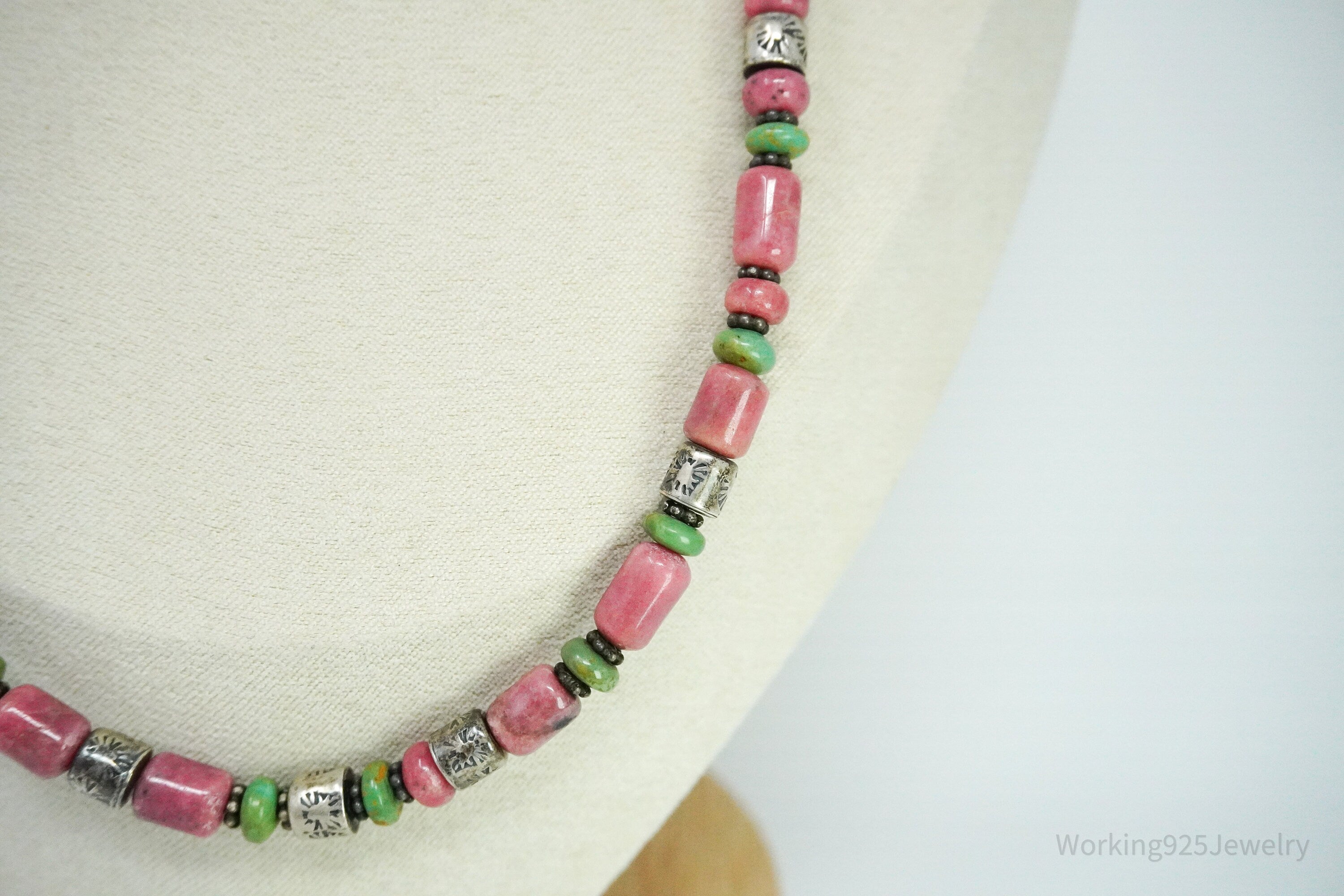 Vintage Western Rhodonite & Turquoise Bead Sterling Silver Necklace 19"
