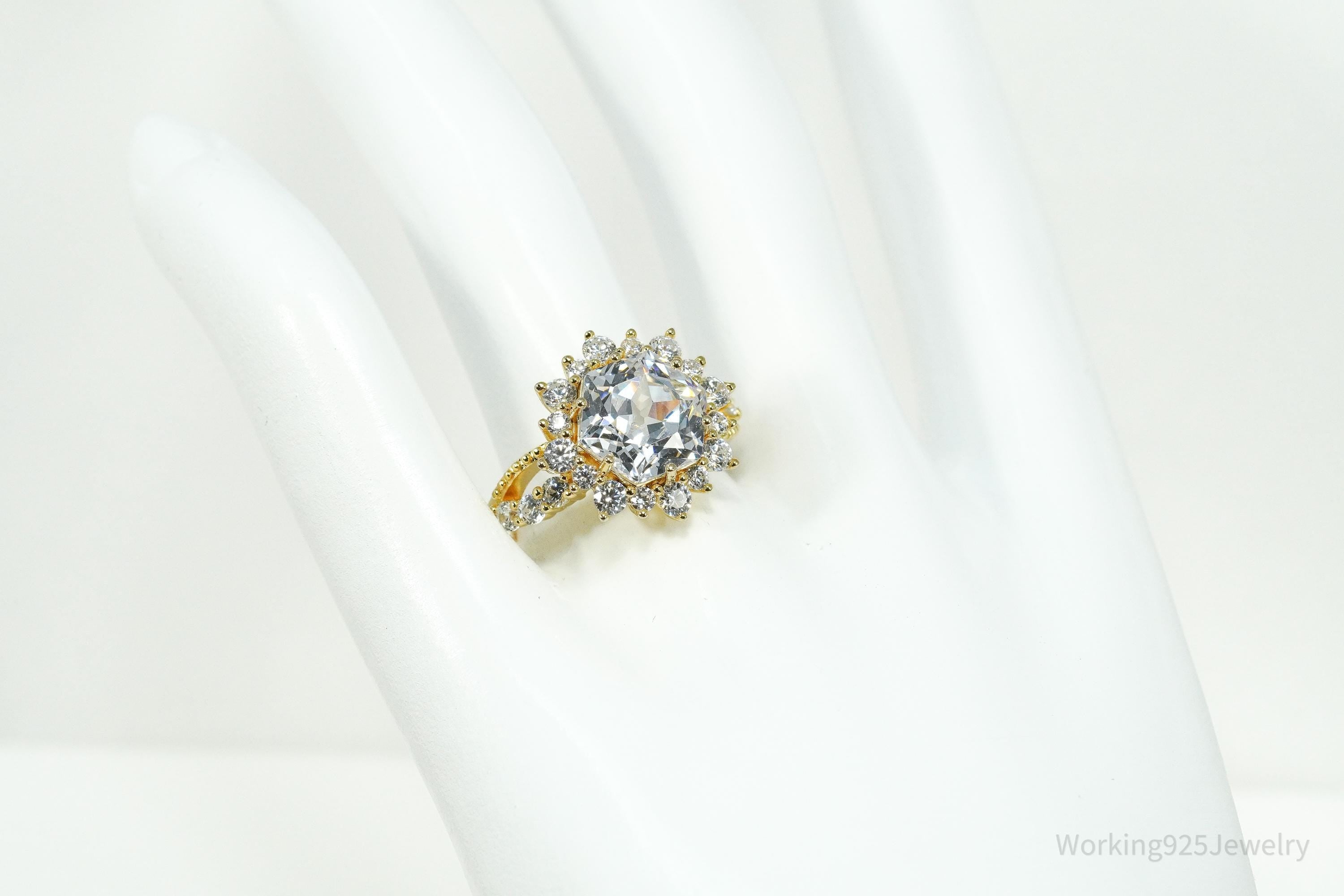 Large Cubic Zirconia Gold Over Sterling Silver Ring - Size 8