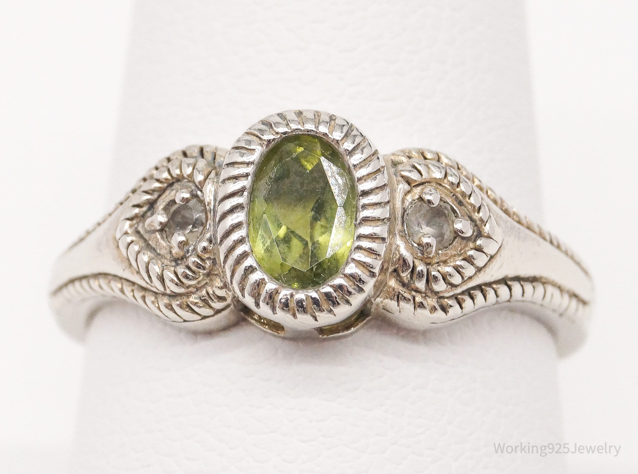 Vintage Designer Peridot & White Topaz Sterling Silver Ring - Size 8.75