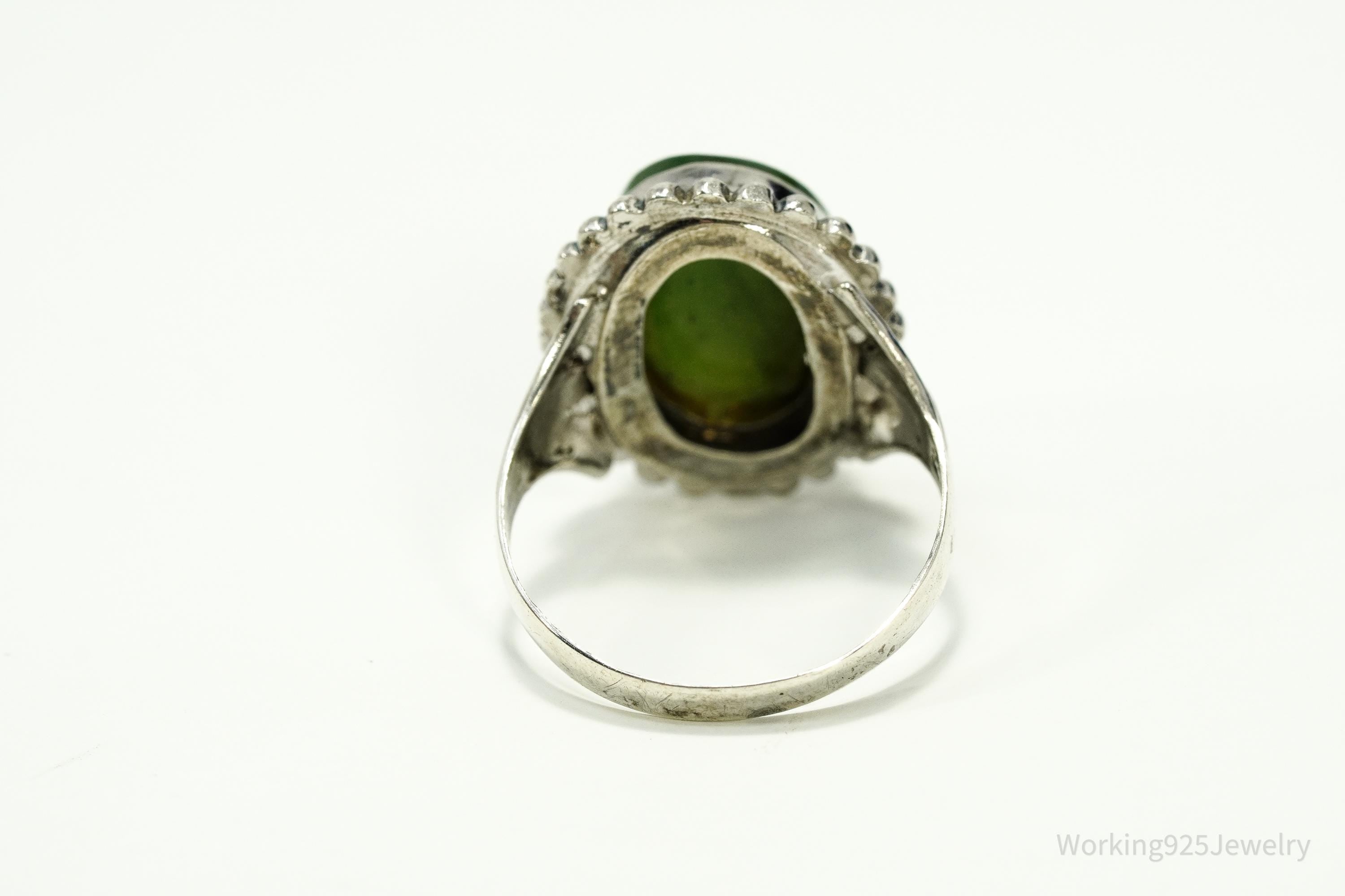Antique Nephrite Jade Sterling Silver Ring - Size 8.25