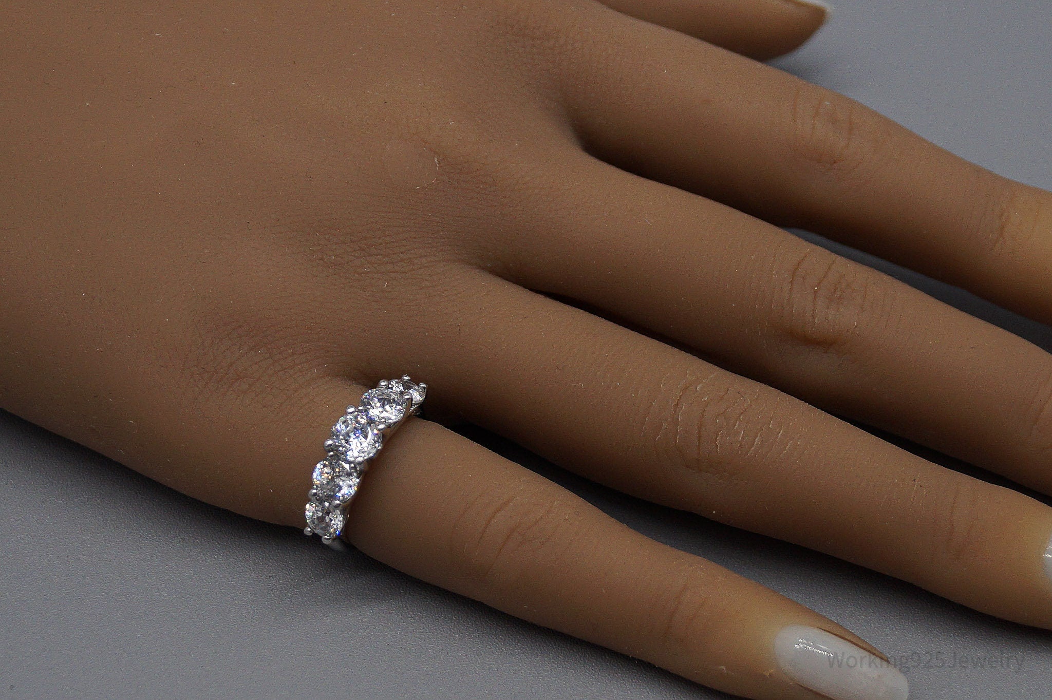 Vintage Cubic Zirconia Platinum Clad Sterling Silver Ring - Size 4.25