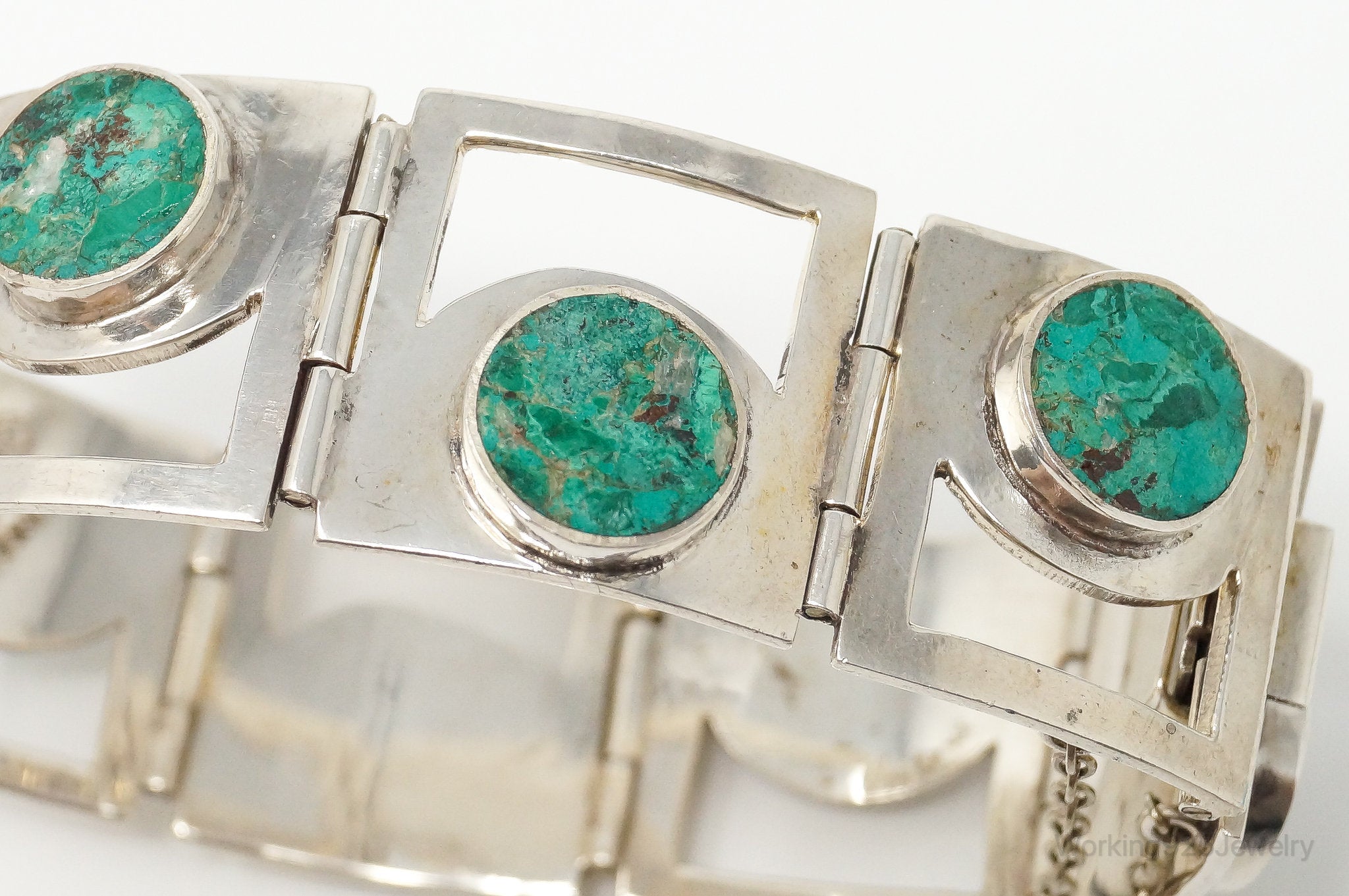 Vintage Taxco Designer Crushed Turquoise Sterling Silver Panel Bracelet