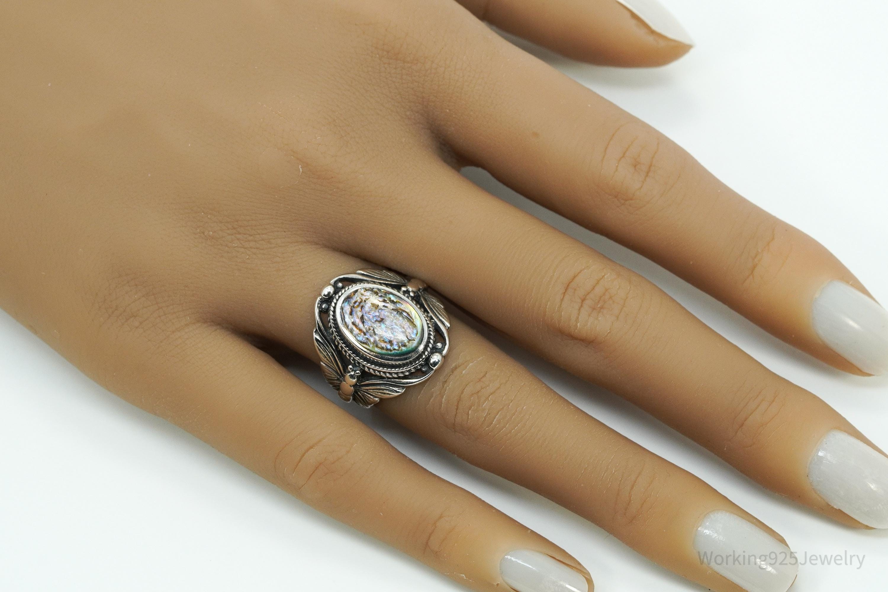 Vintage Paua Abalone Shell Sterling Silver Ring - Size 6.75