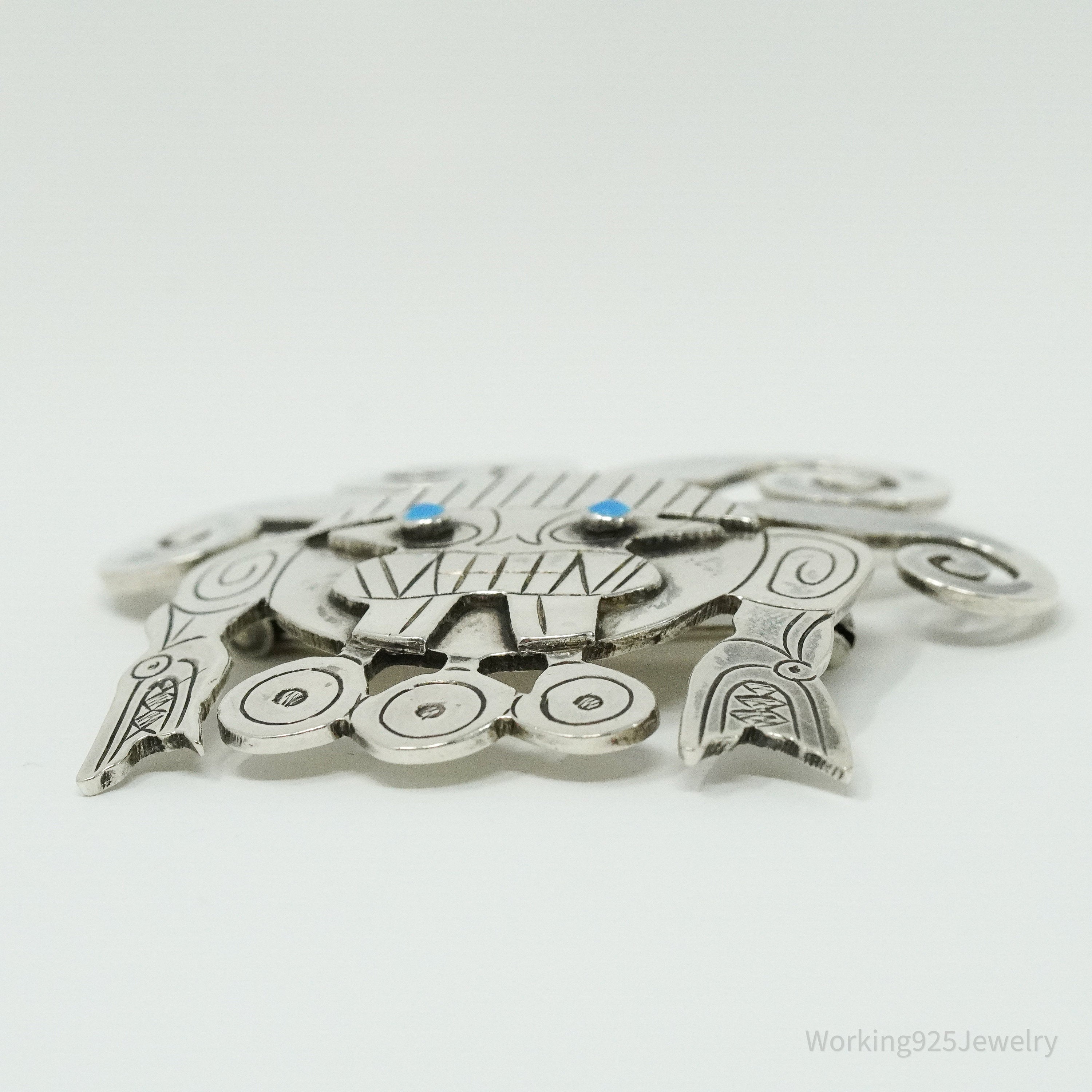 Large Vintage Aztec Mayan Sterling Silver Brooch Pin