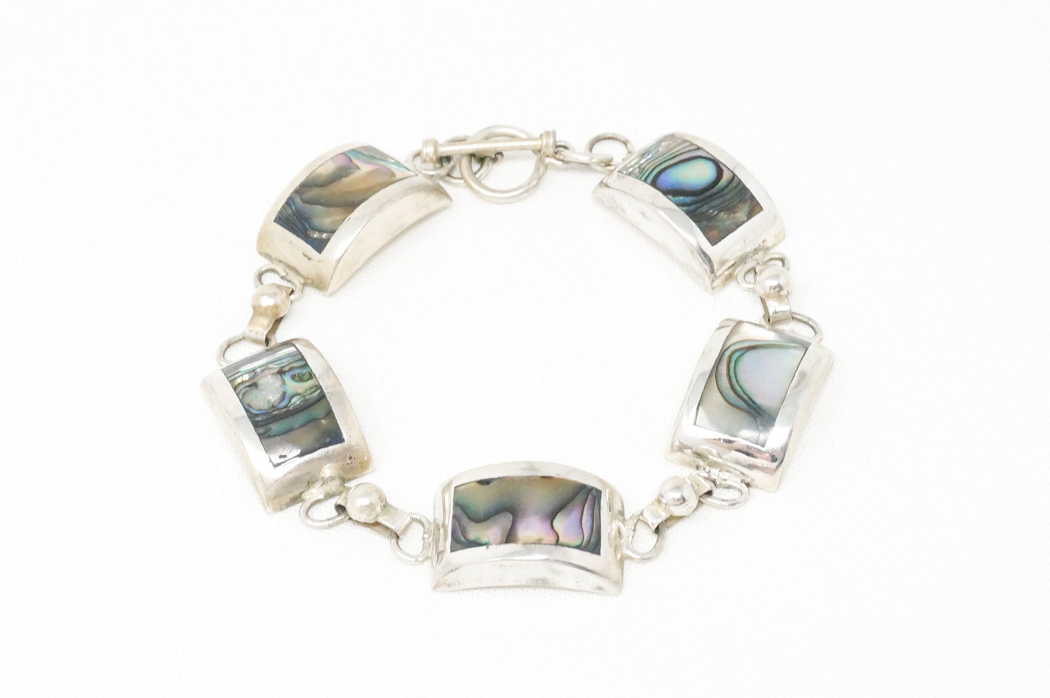 Vintage Mexico Designer Paua Abalone Shell Southwestern Sterling Silver Bracelet