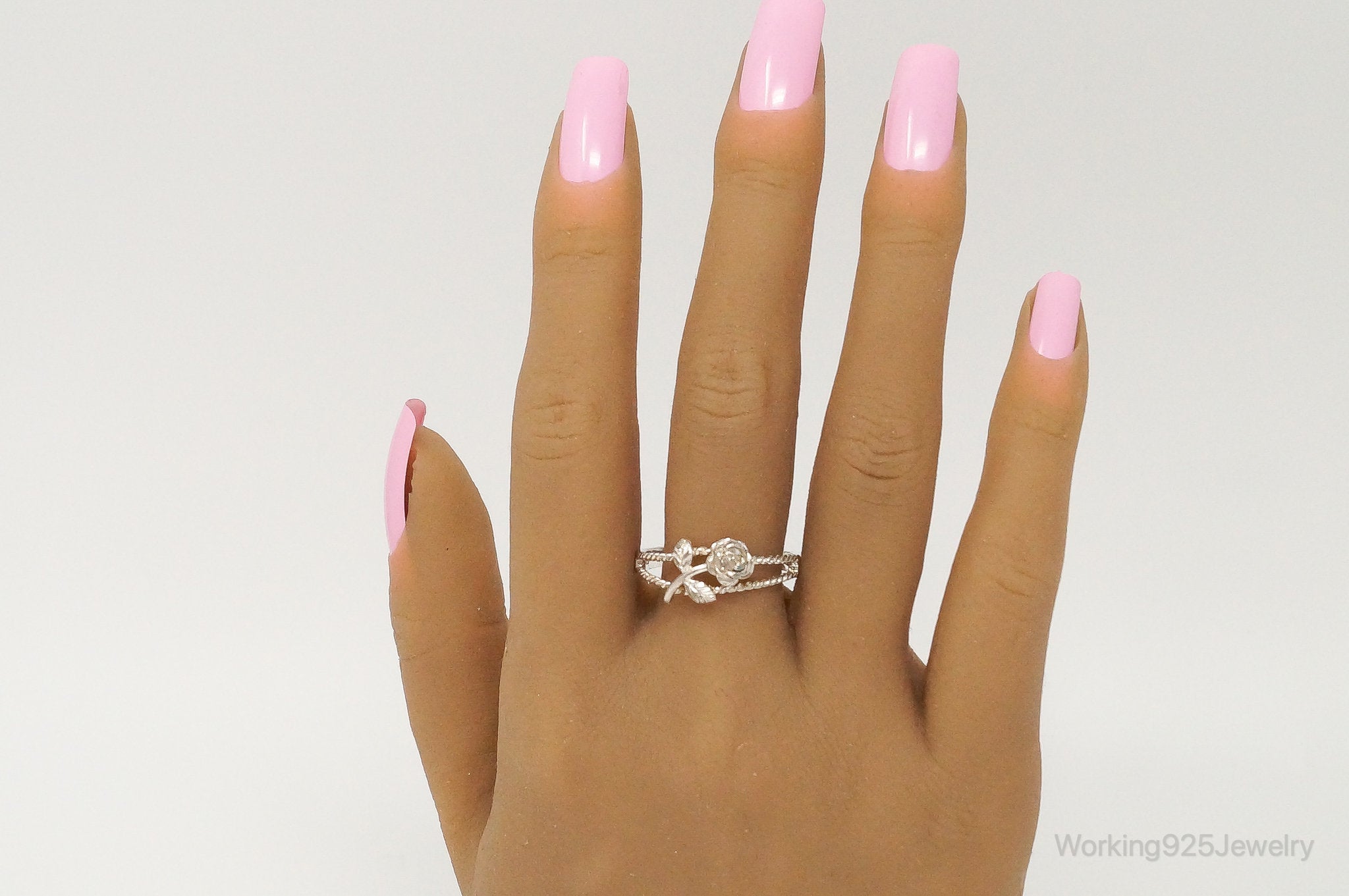 Vintage Designer NV Rose Sterling Silver Ring - Size 11