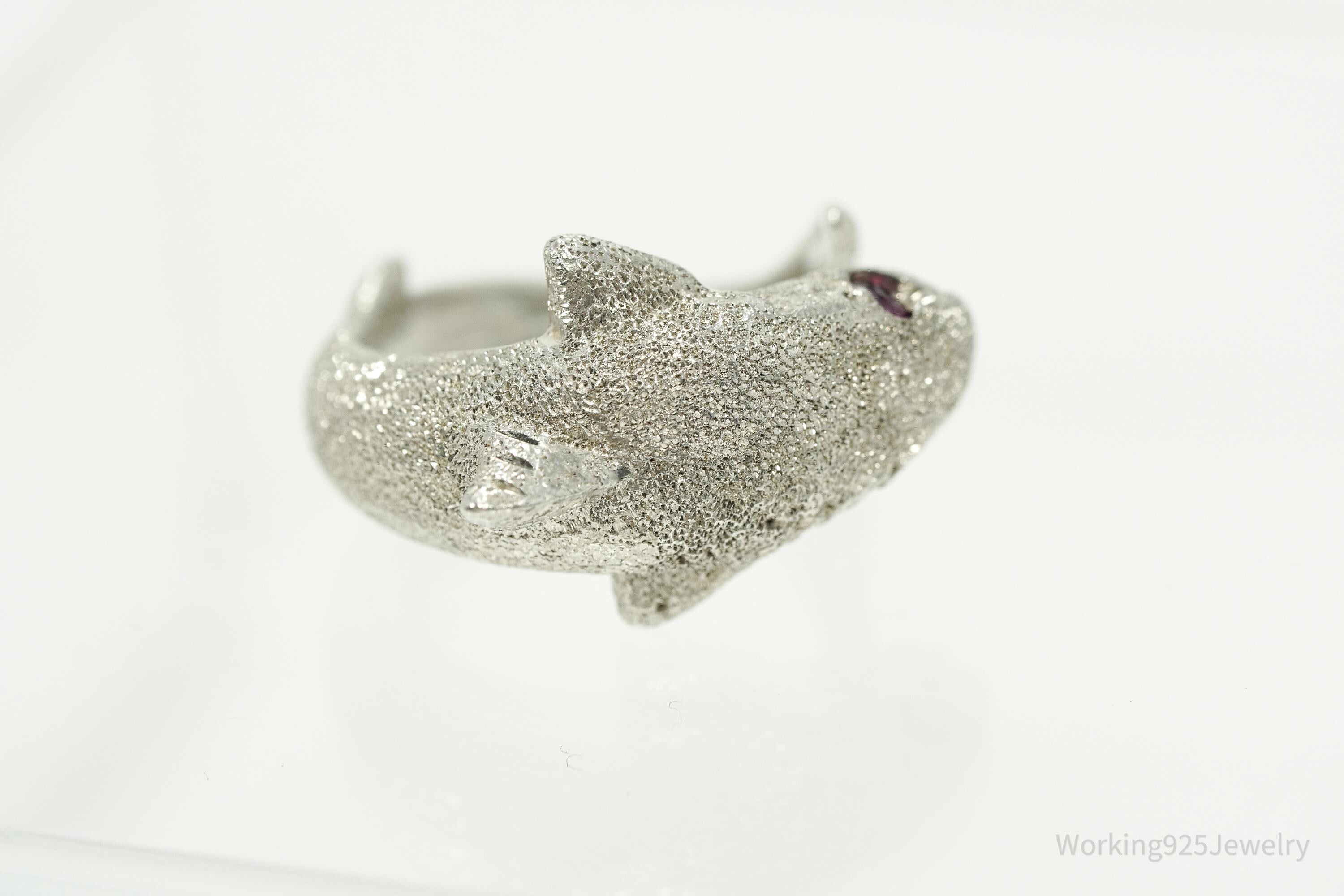 Vintage Ruby Eyed Shark Sterling Silver Wrap Ring - Size 6.25