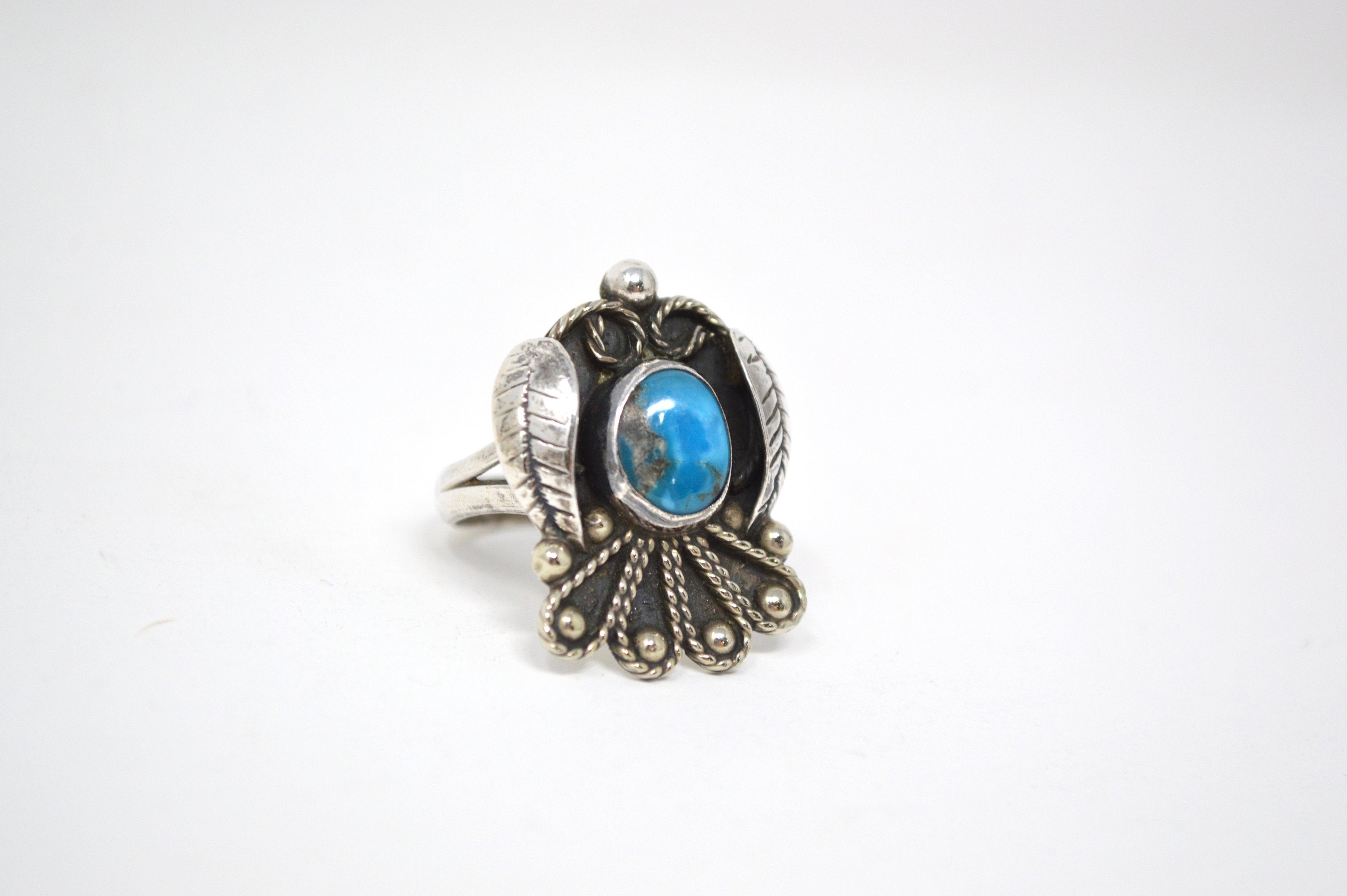 Vintage Mexico Turquoise Sterling Silver Feather Ring - Size 6.75