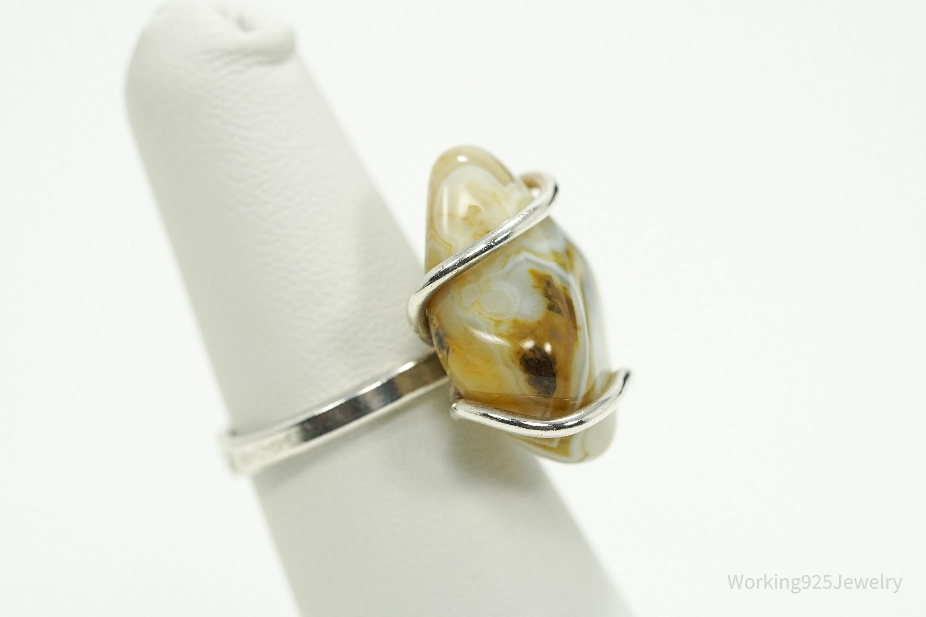 Vintage Lace Agate Silver Ring - Size 6