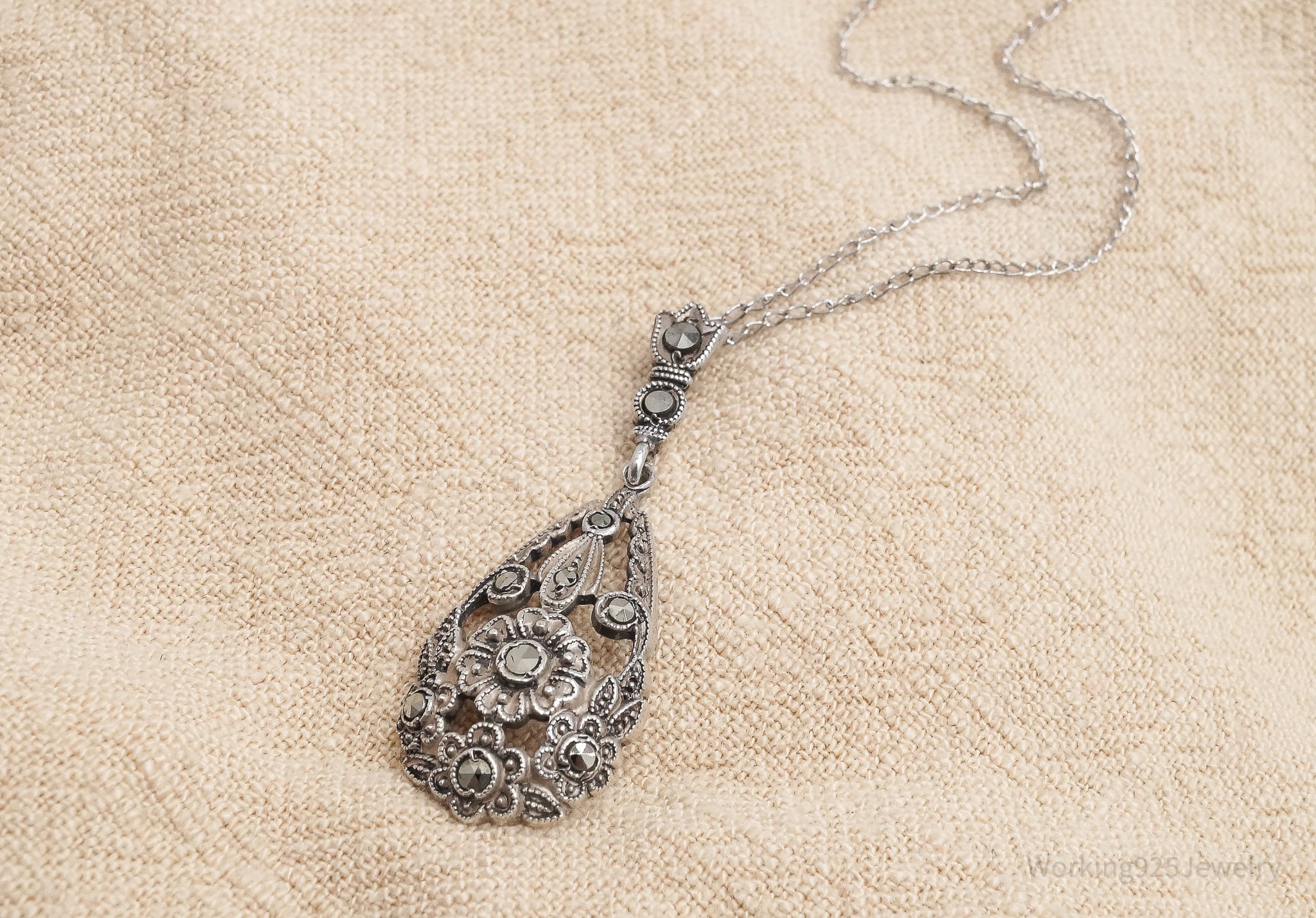 Antique German Lavaliere Floral Marcasite Sterling Silver Necklace 17"