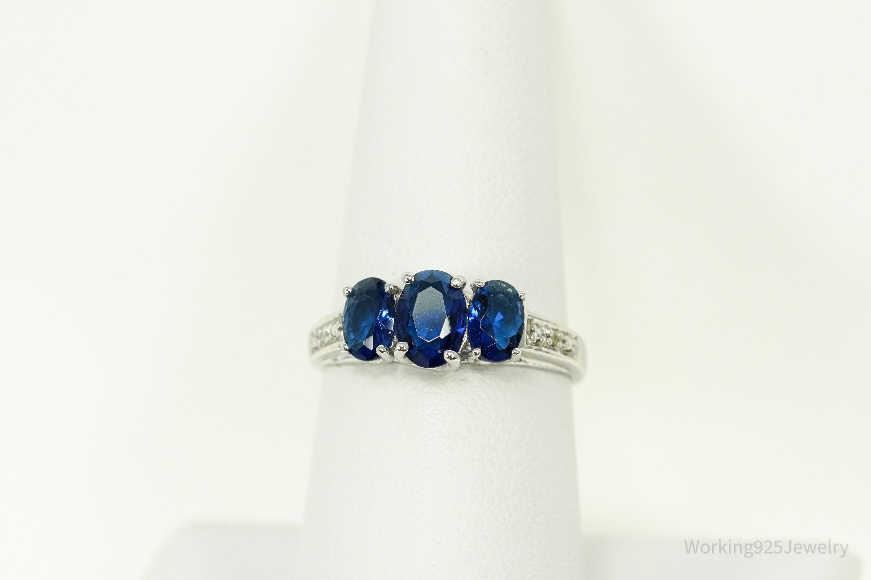 Vintage Blue Simulated Sapphires & 2 Diamonds Sterling Silver Ring - Size 7.25