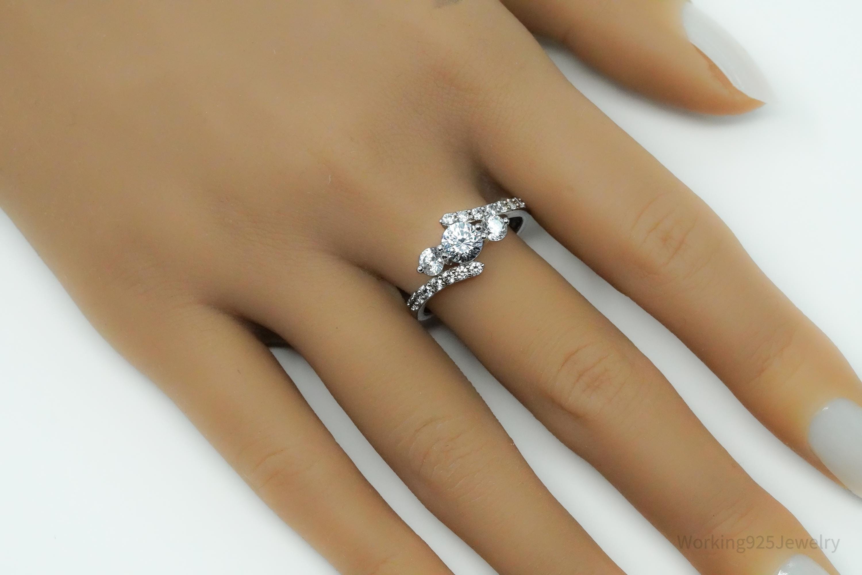 Vintage Cubic Zirconia Sterling Silver Statement Ring - Size 10