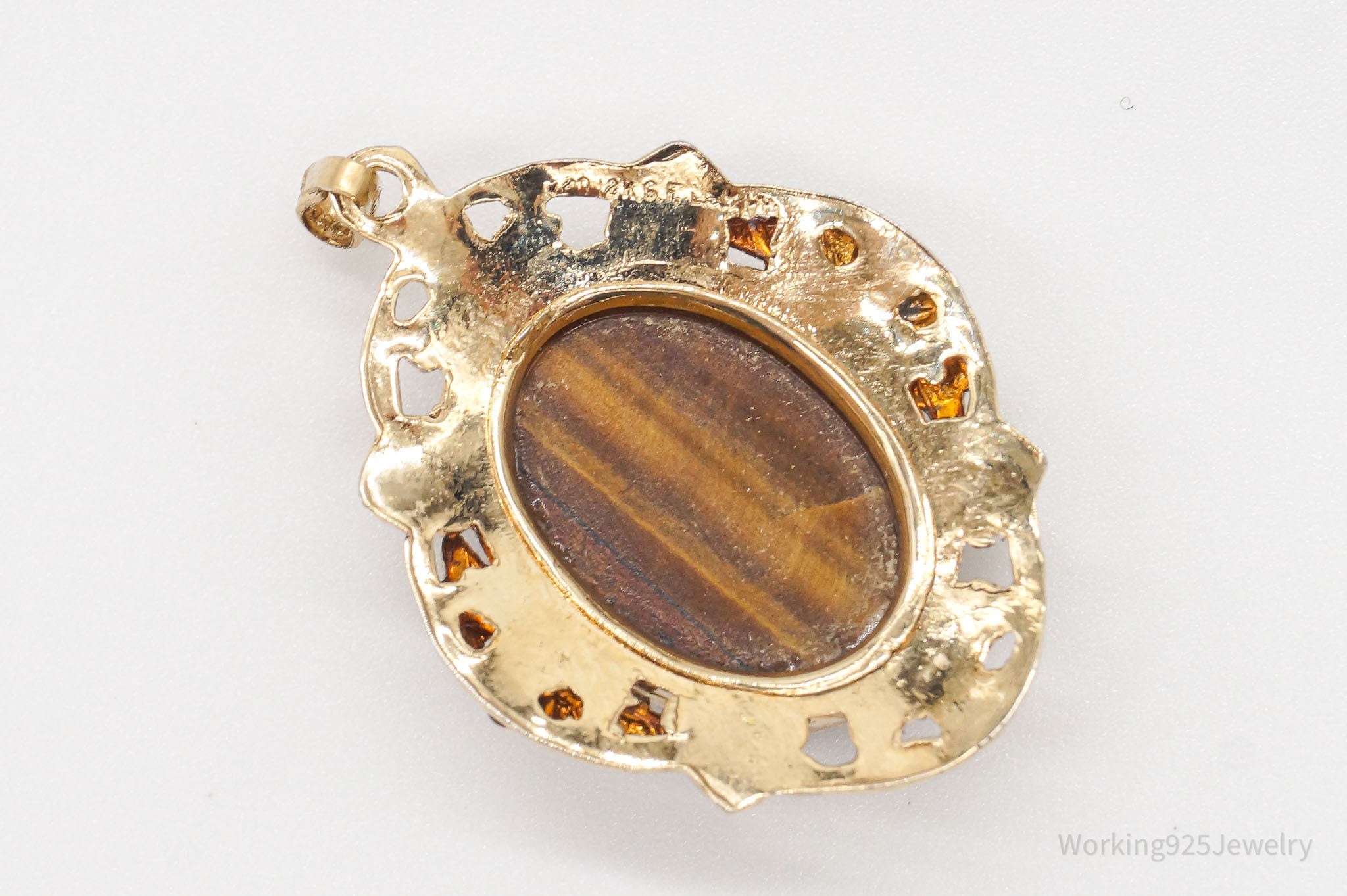 Vintage 1940s Designer LSP Co 12K GF Tigers Eye Sterling Silver Pendant