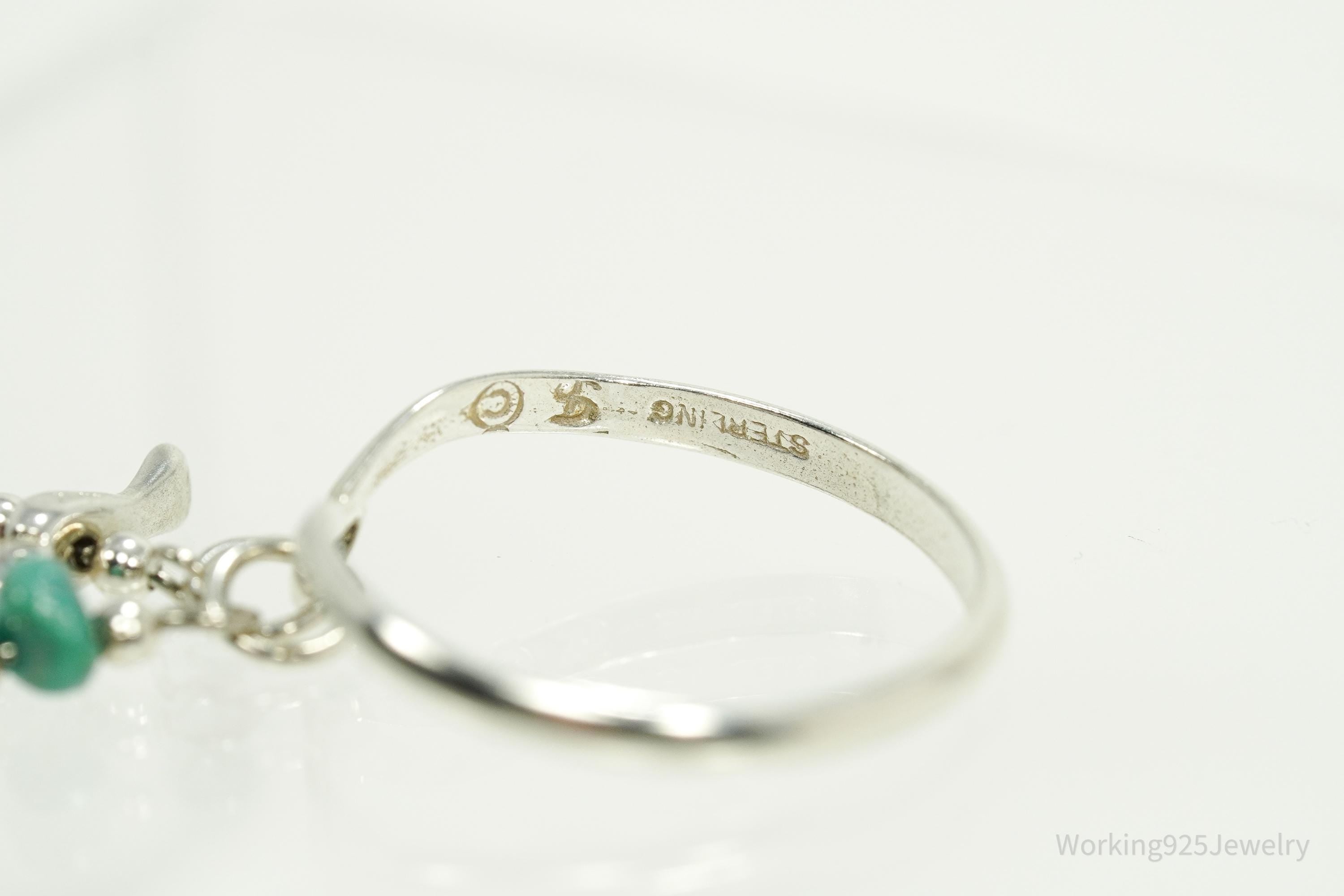 Vintage Native American Turquoise Nugget & Bird Charm Sterling Silver Ring - Size 9.25