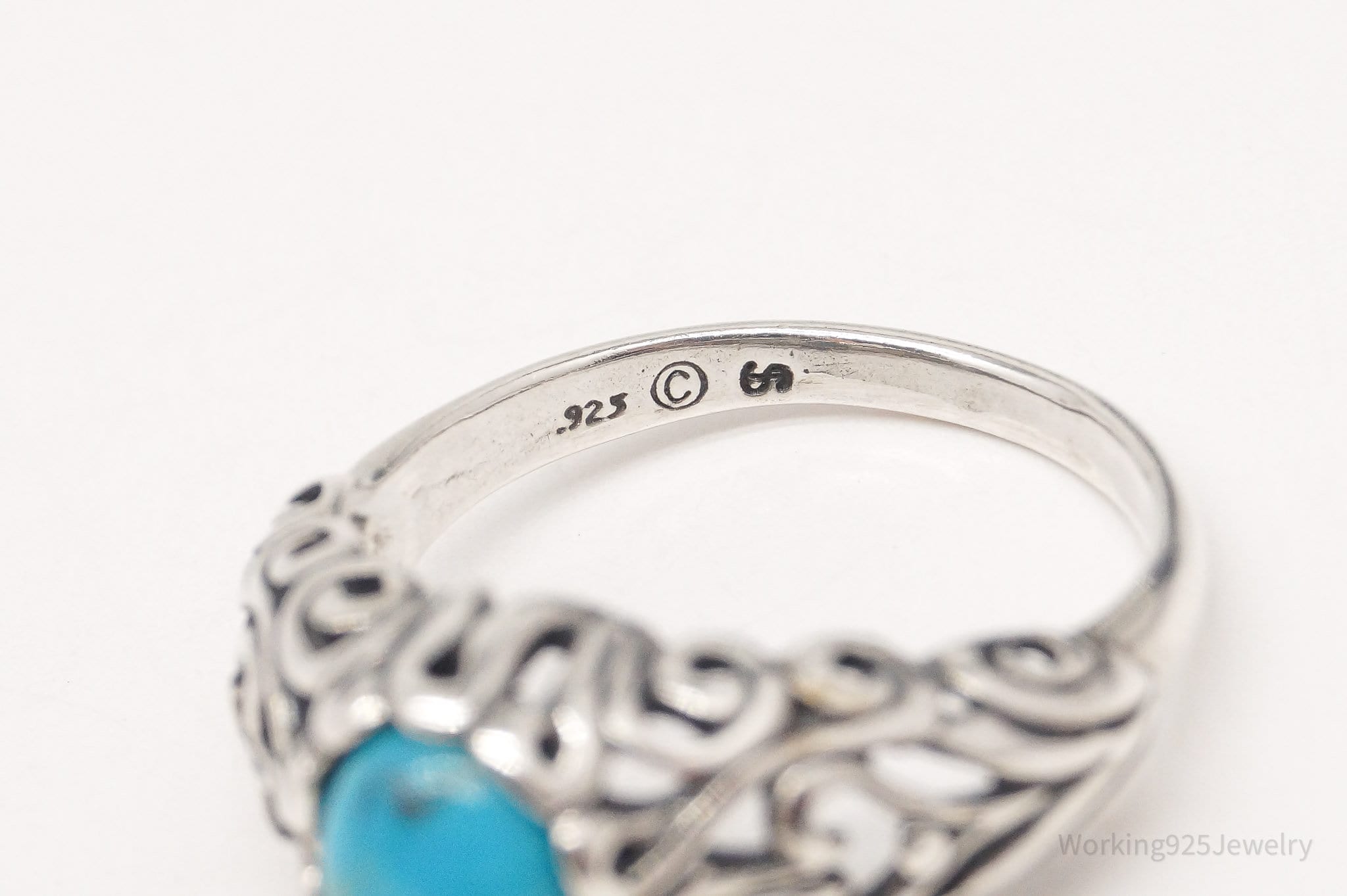 Vintage Blue Turquoise Scroll Swirl Sterling Silver Ring - Size 7.25