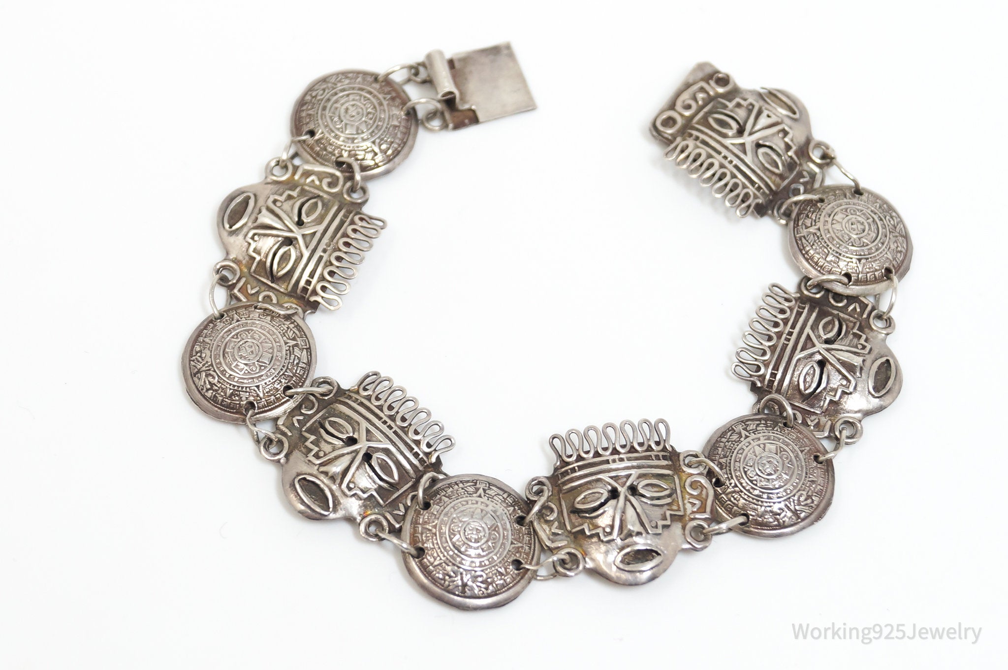 Vtg Mexico Aztec Mask Face Sterling Silver Bracelet