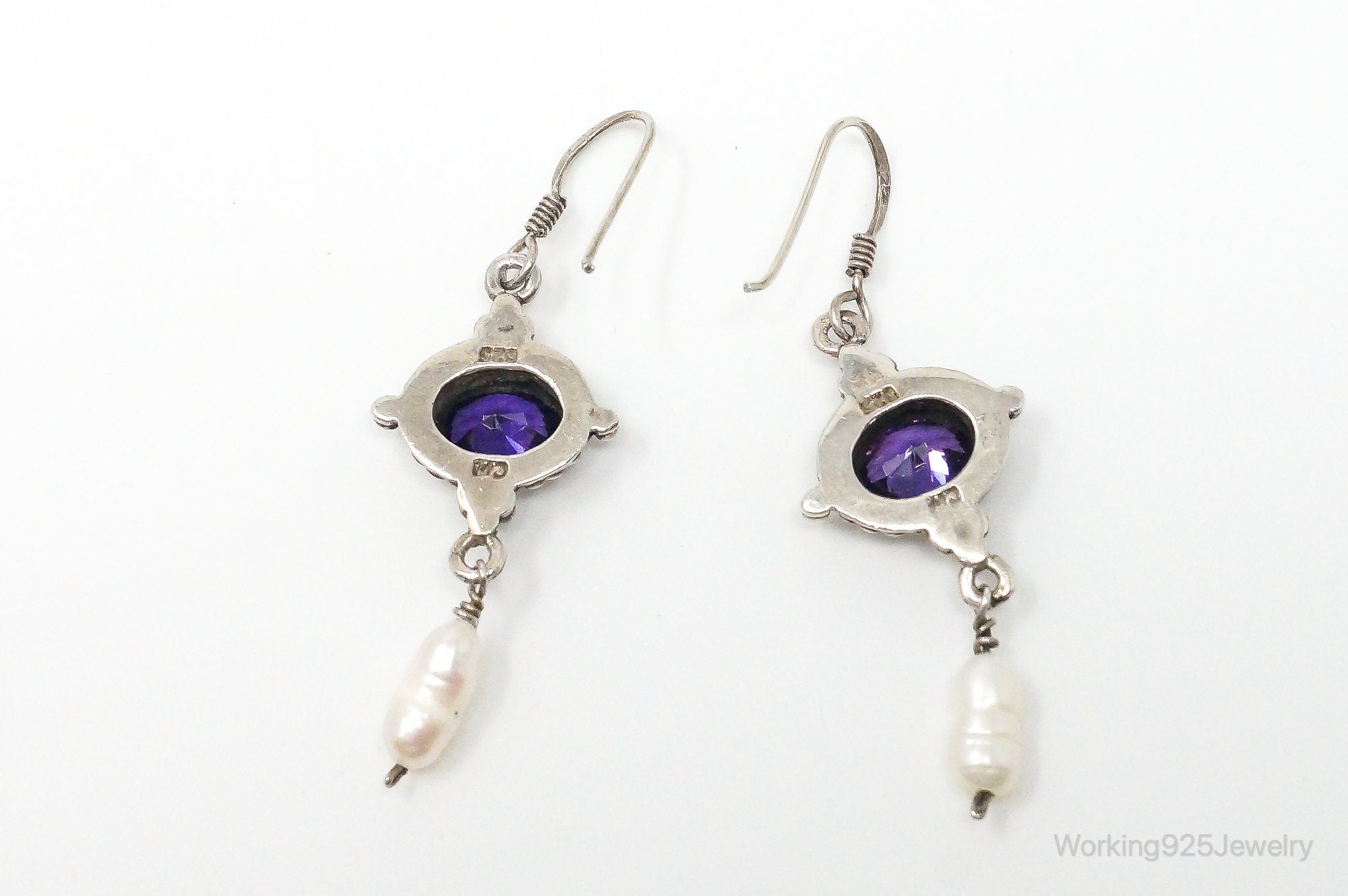 Vintage Pearl Amethyst Dangle Sterling Silver Earrings