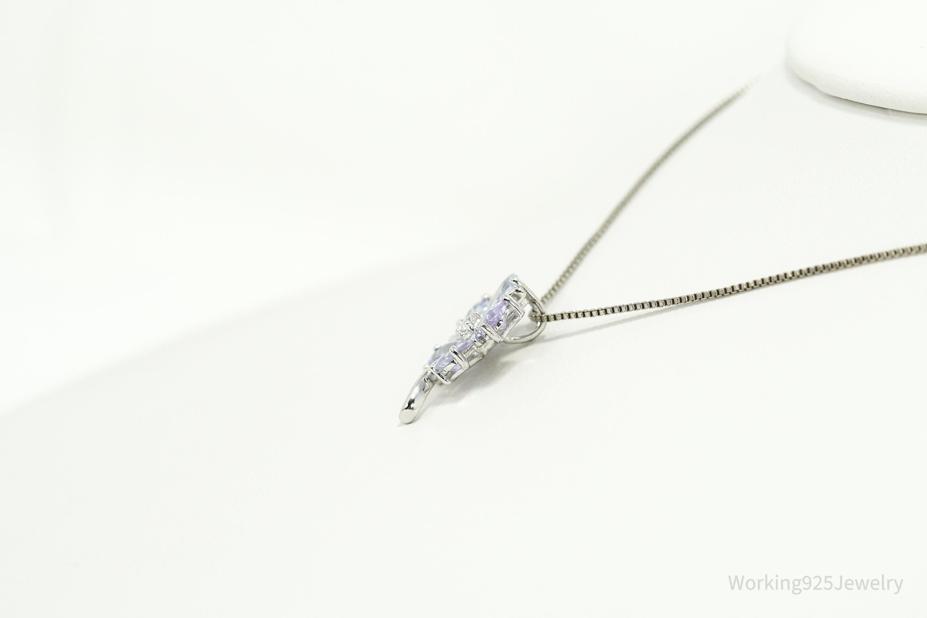 Vintage Periwinkle & White Cubic Zirconia Sterling Silver Flower Necklace - 18"