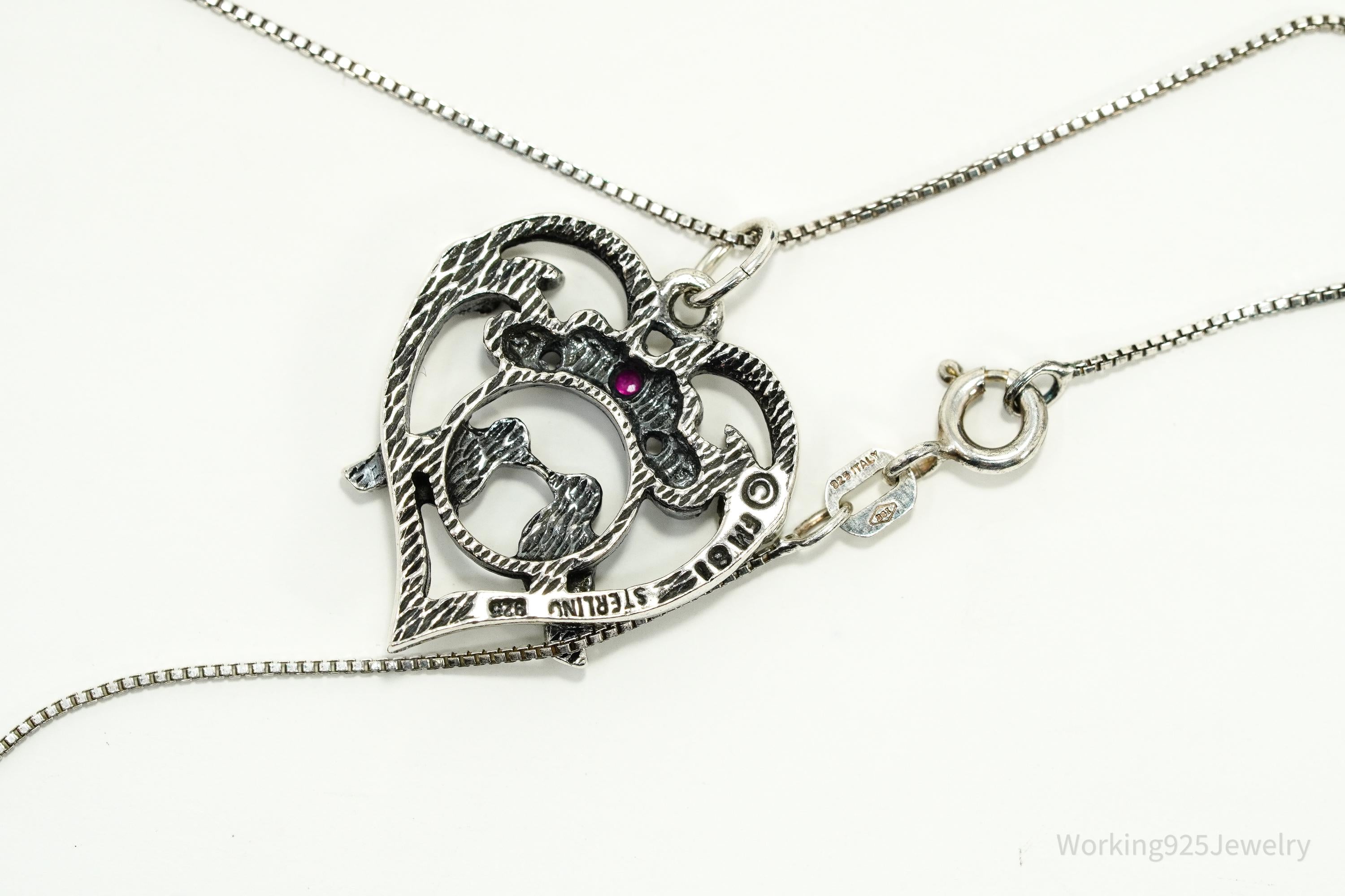 Vintage 1981 Franklin Mint Ruby Love Birds Sterling Silver Necklace 18"