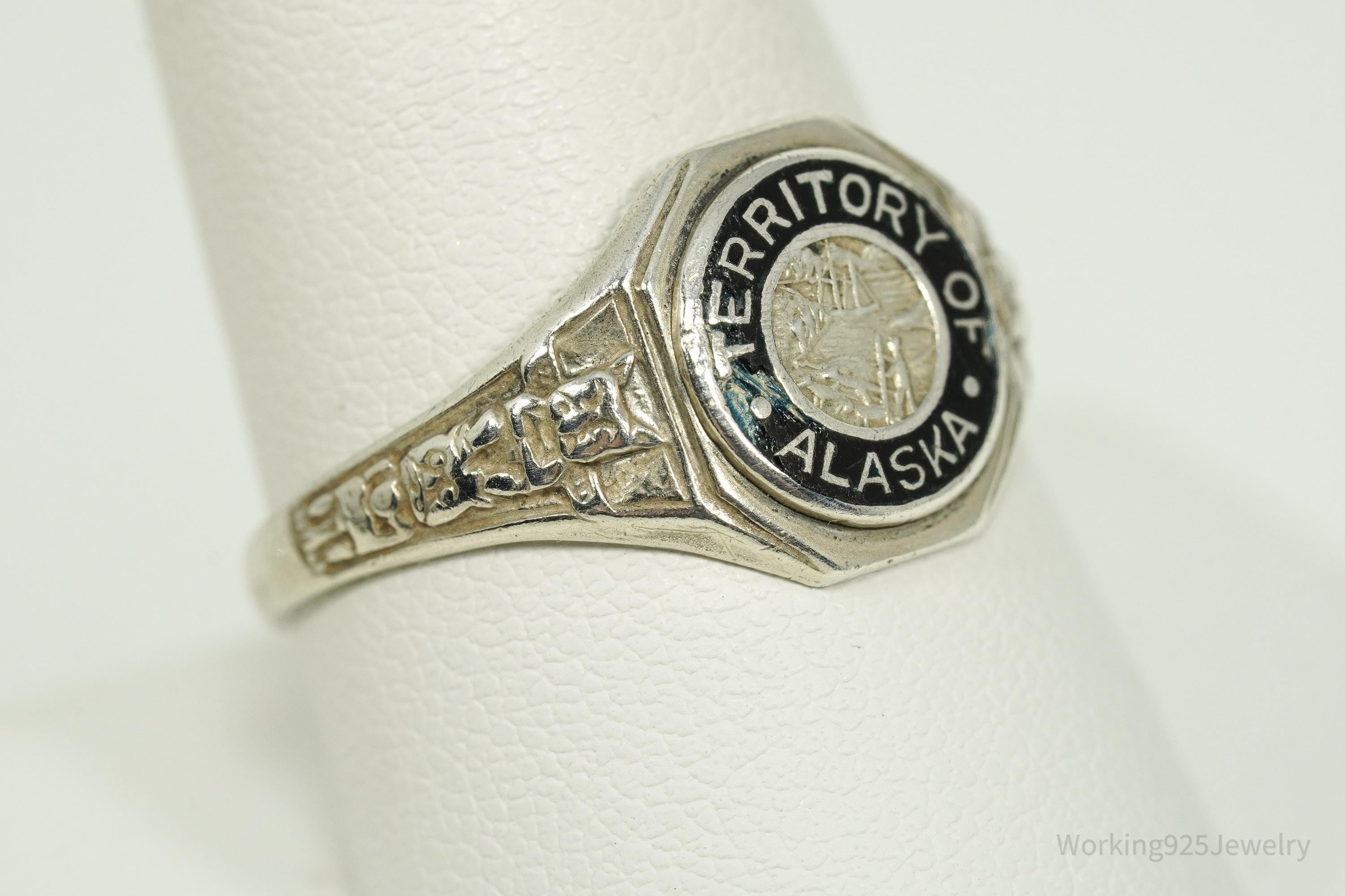 RARE 1930s Territory Of Alaska Souvenir Sterling Silver Ring - Size 9.75