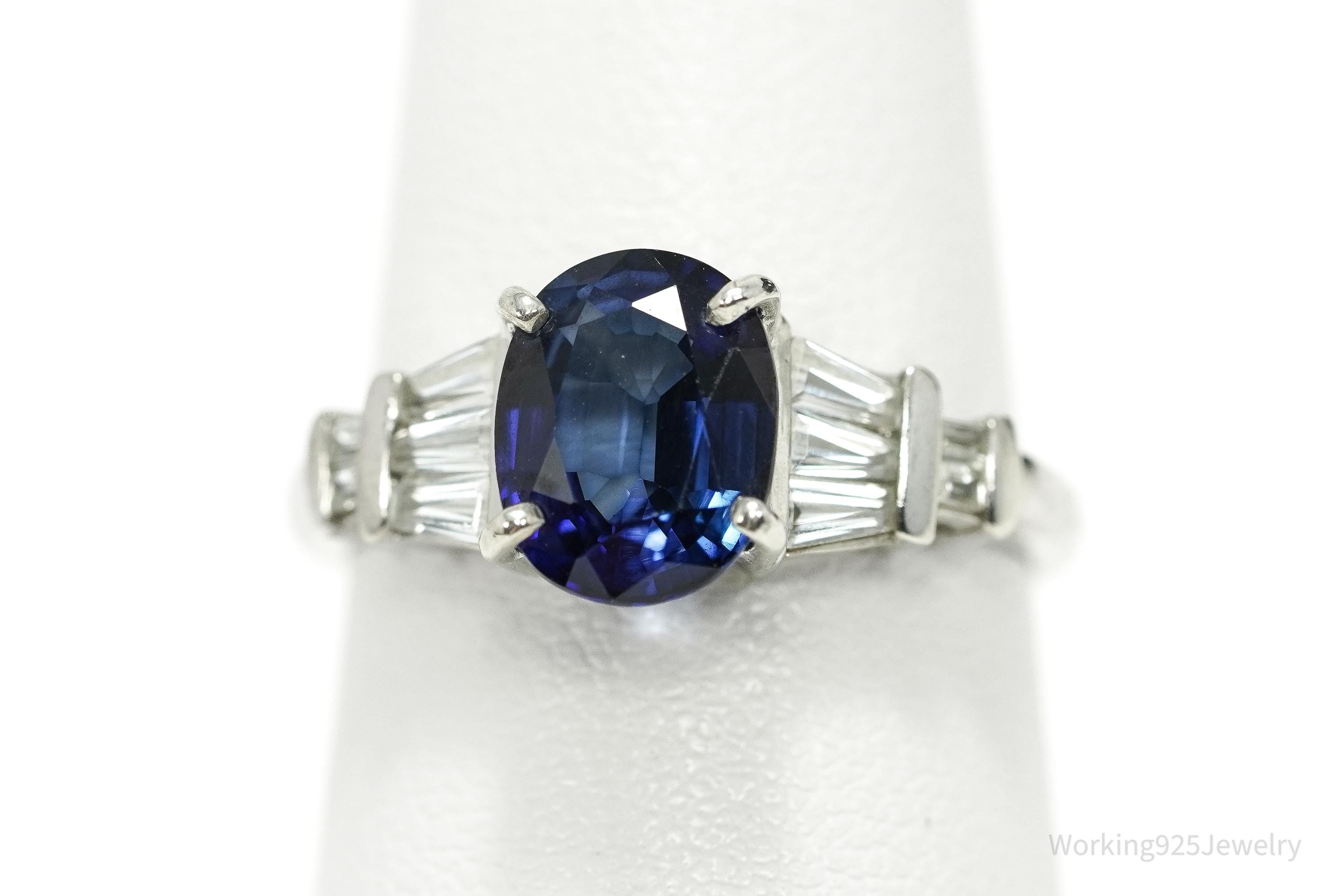 Vintage Lab Sapphire & Cubic Zirconia Sterling Silver Ring - Size 7