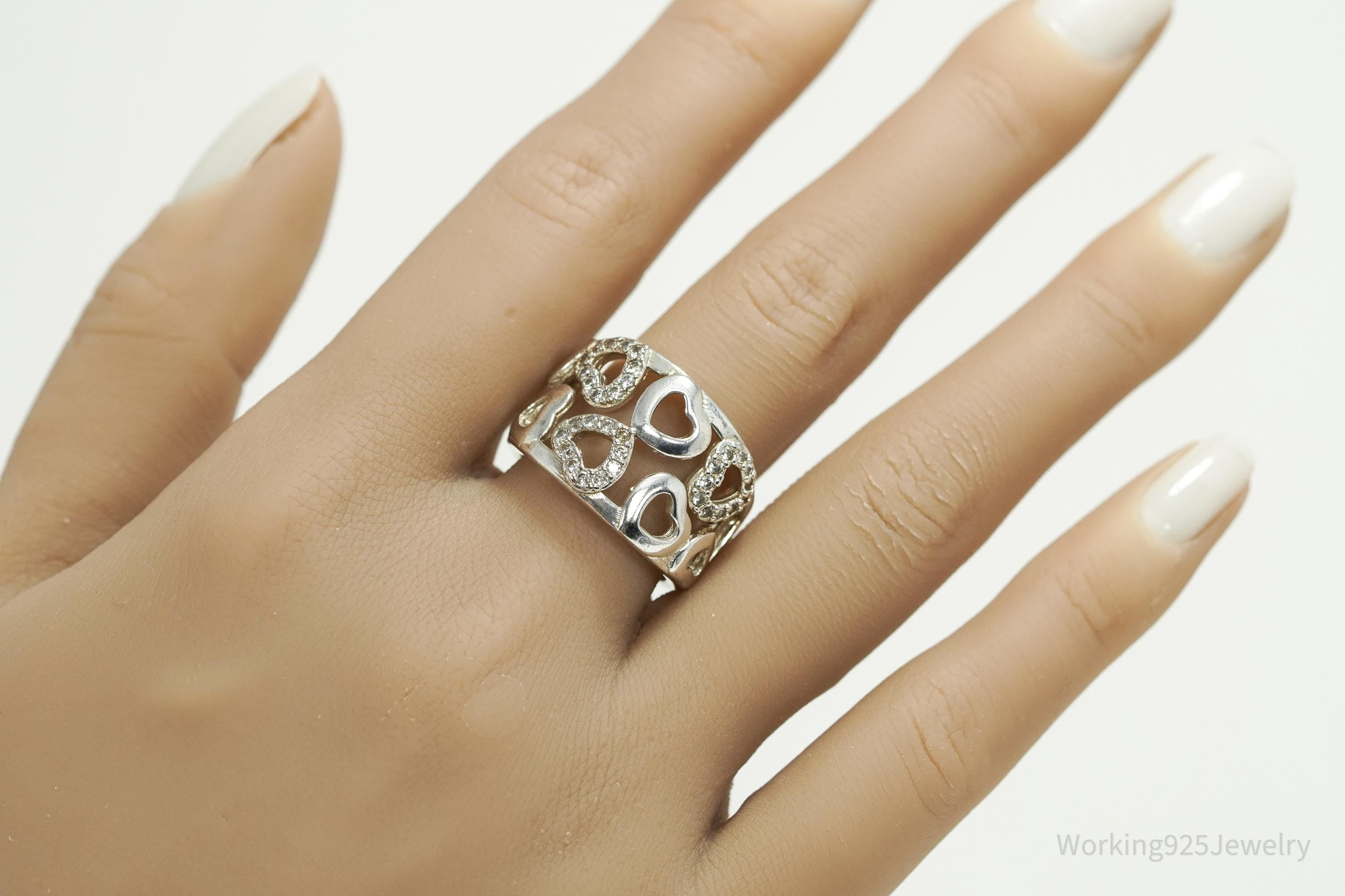Vintage Cubic Zirconia Hearts Sterling Silver Ring - Size 8.5