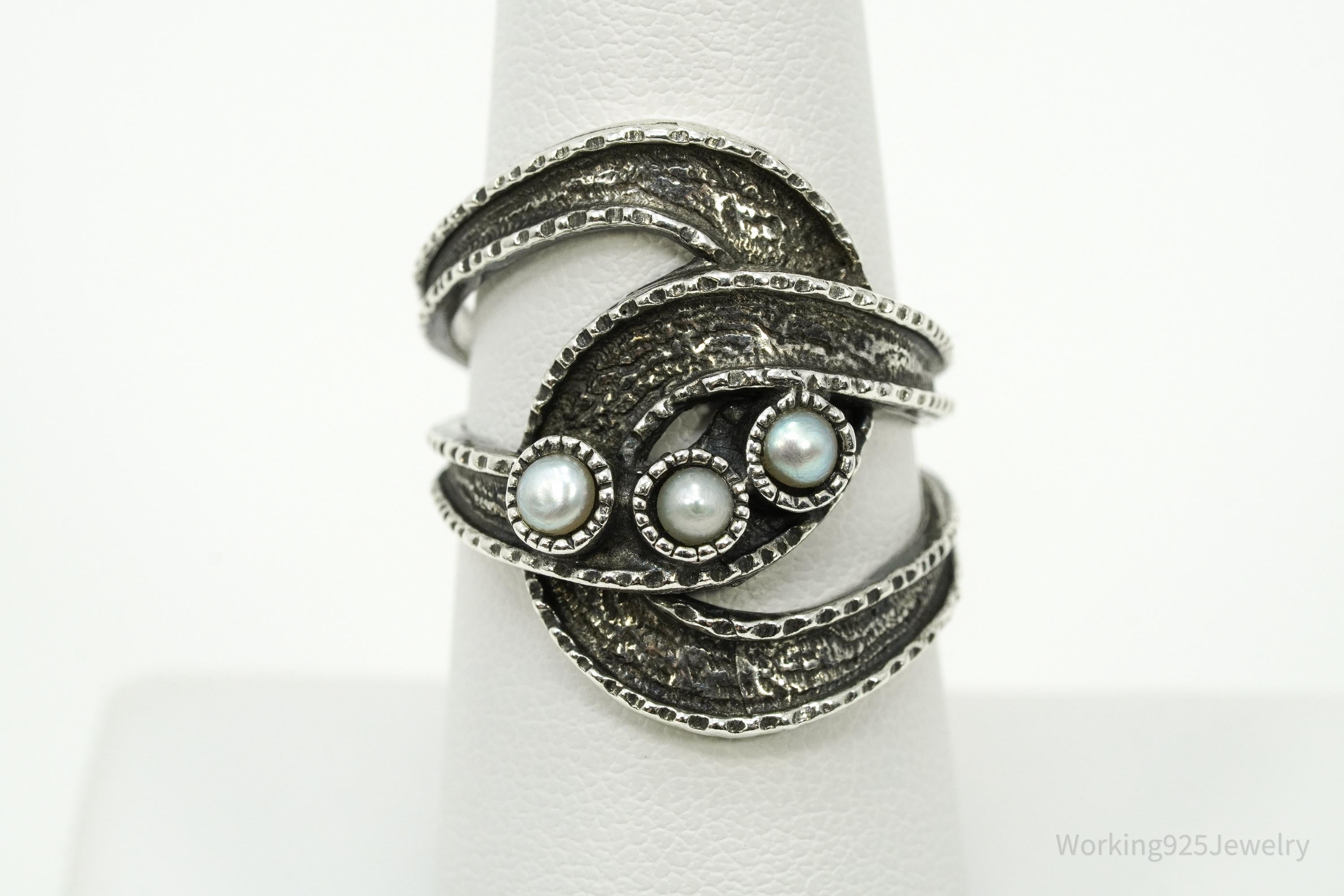 Vintage Pearls Modernist Style Sterling Silver Ring - Size 7.25