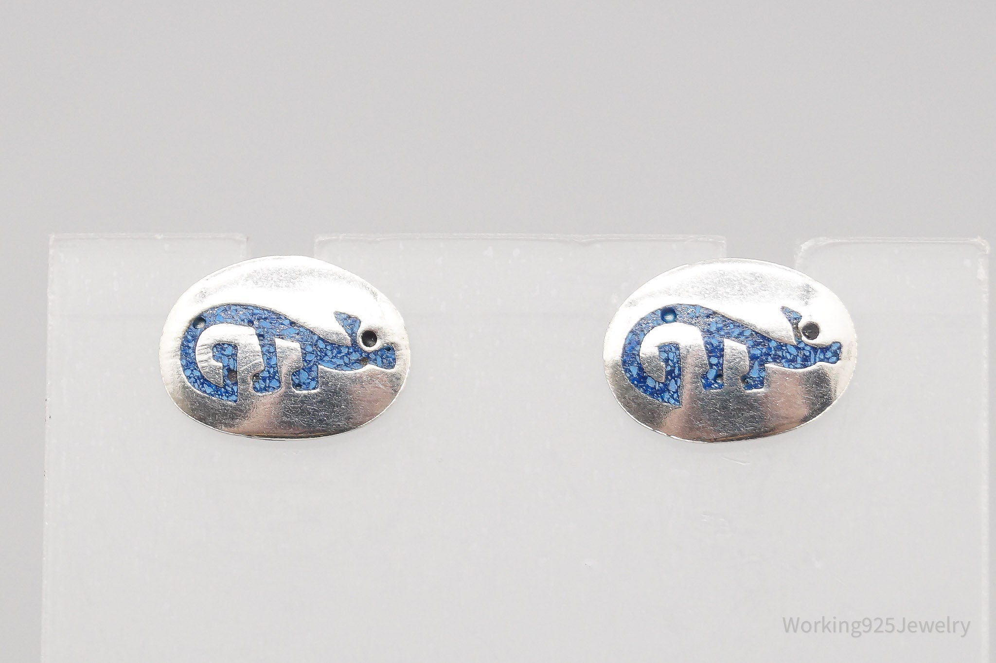 Vintage Lapis Lazuli Inlay Lizard Sterling Silver Earrings