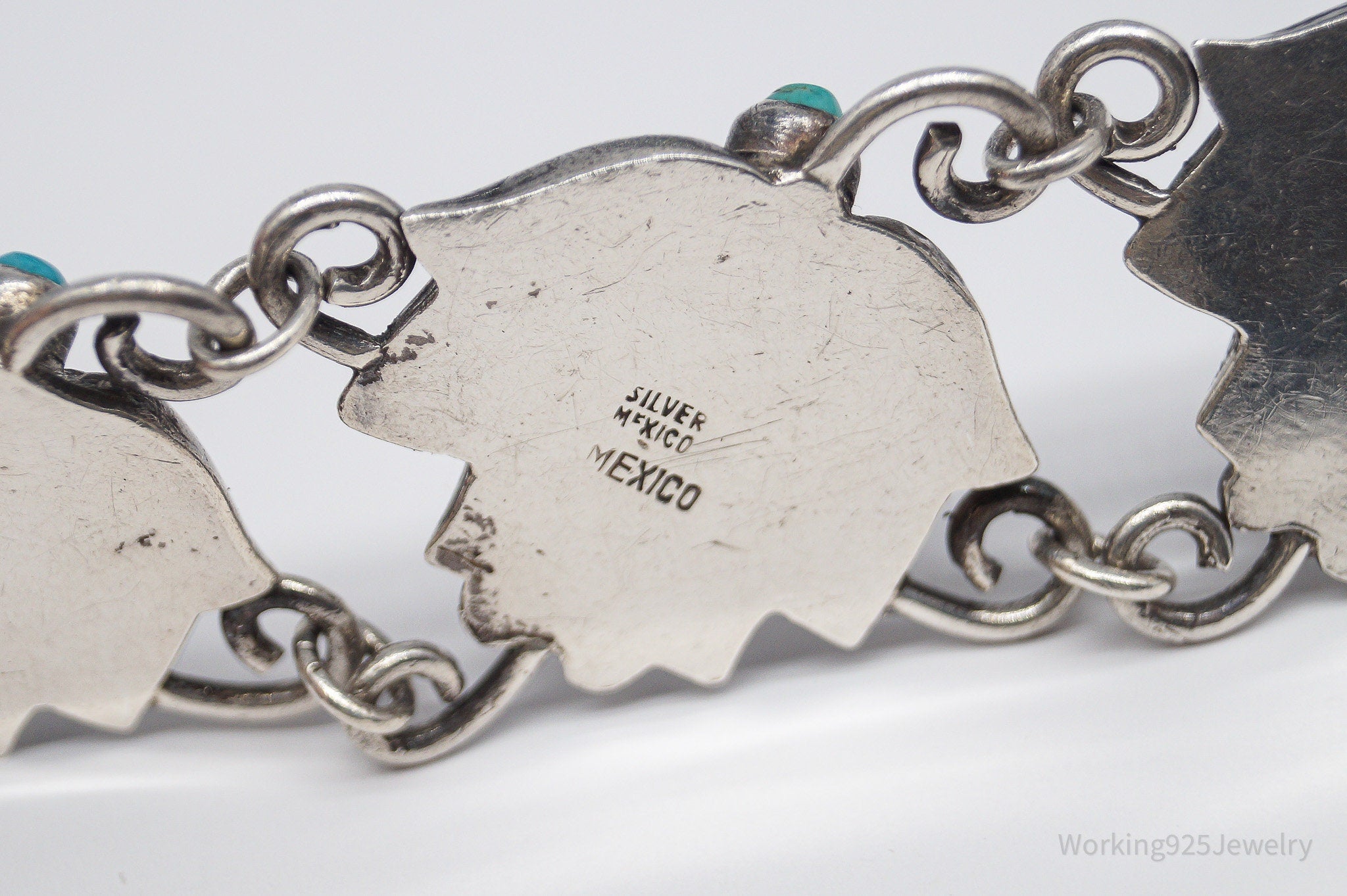 Vintage Mexico Blue Turquoise Inlay & Flowers Silver Bracelet - 7.75"