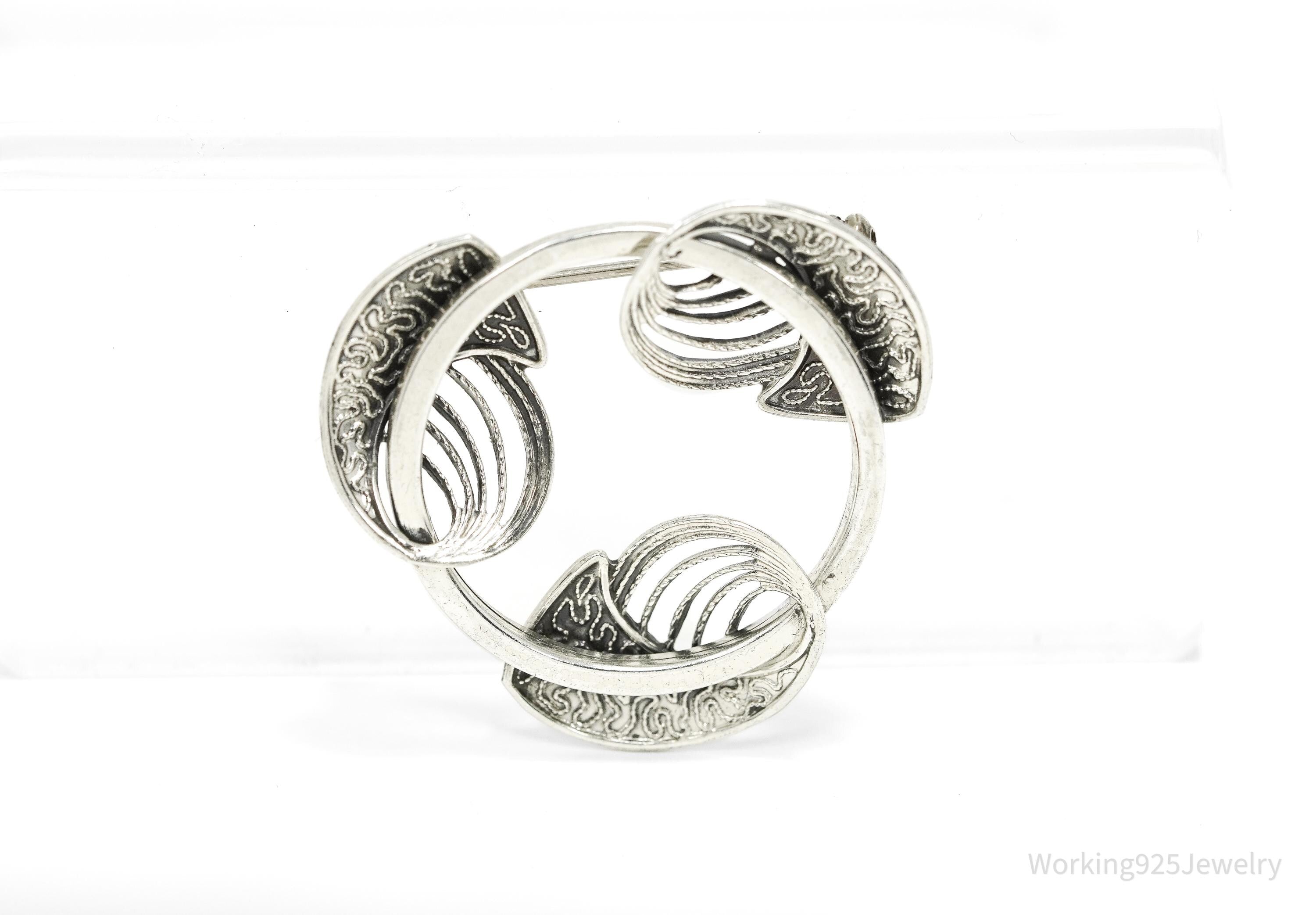 Large Vintage Designer BEAU Modernist Style Sterling Silver Brooch Pin