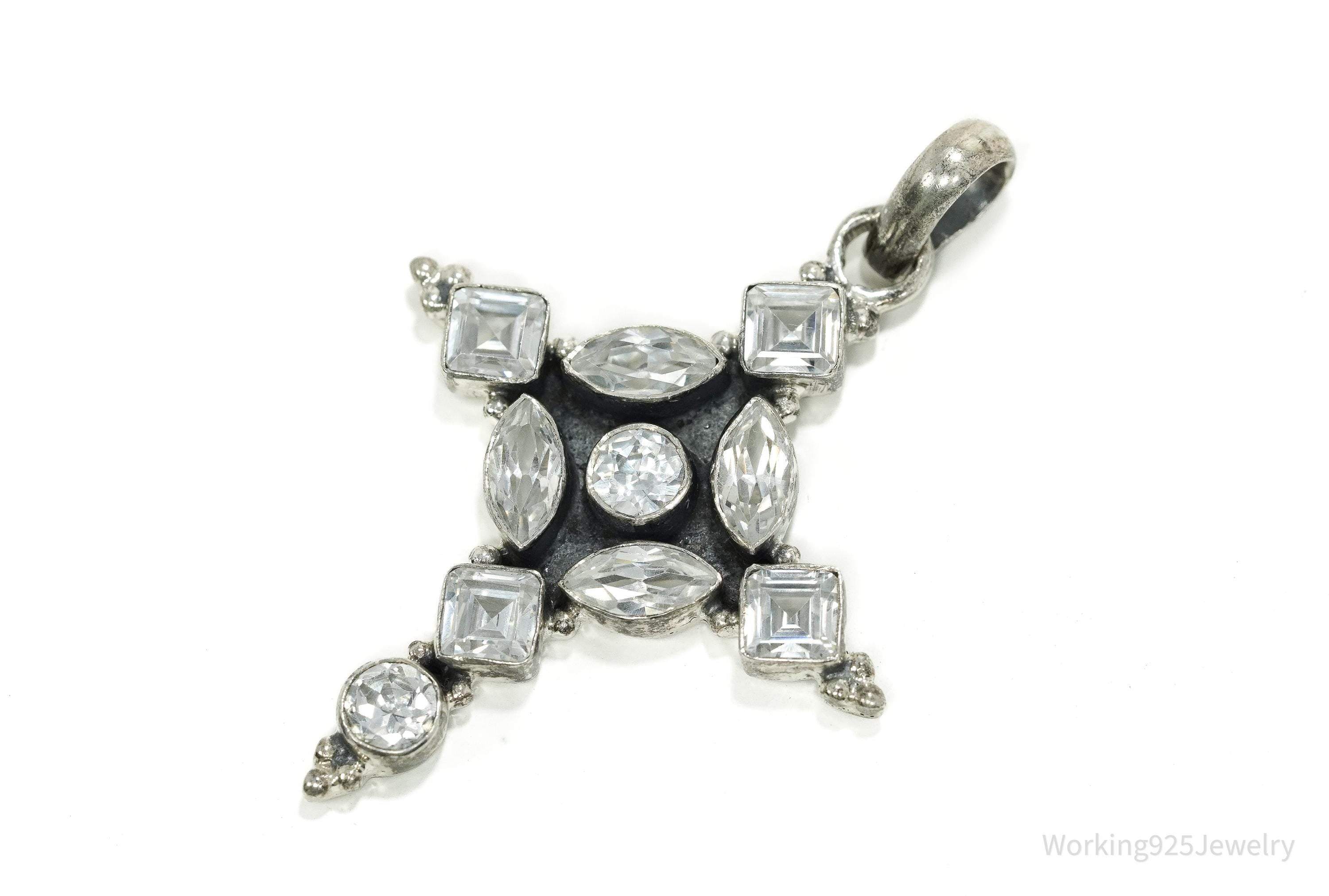 Large Vintage Cubic Zirconia Cross Sterling Silver Necklace Pendant 2"