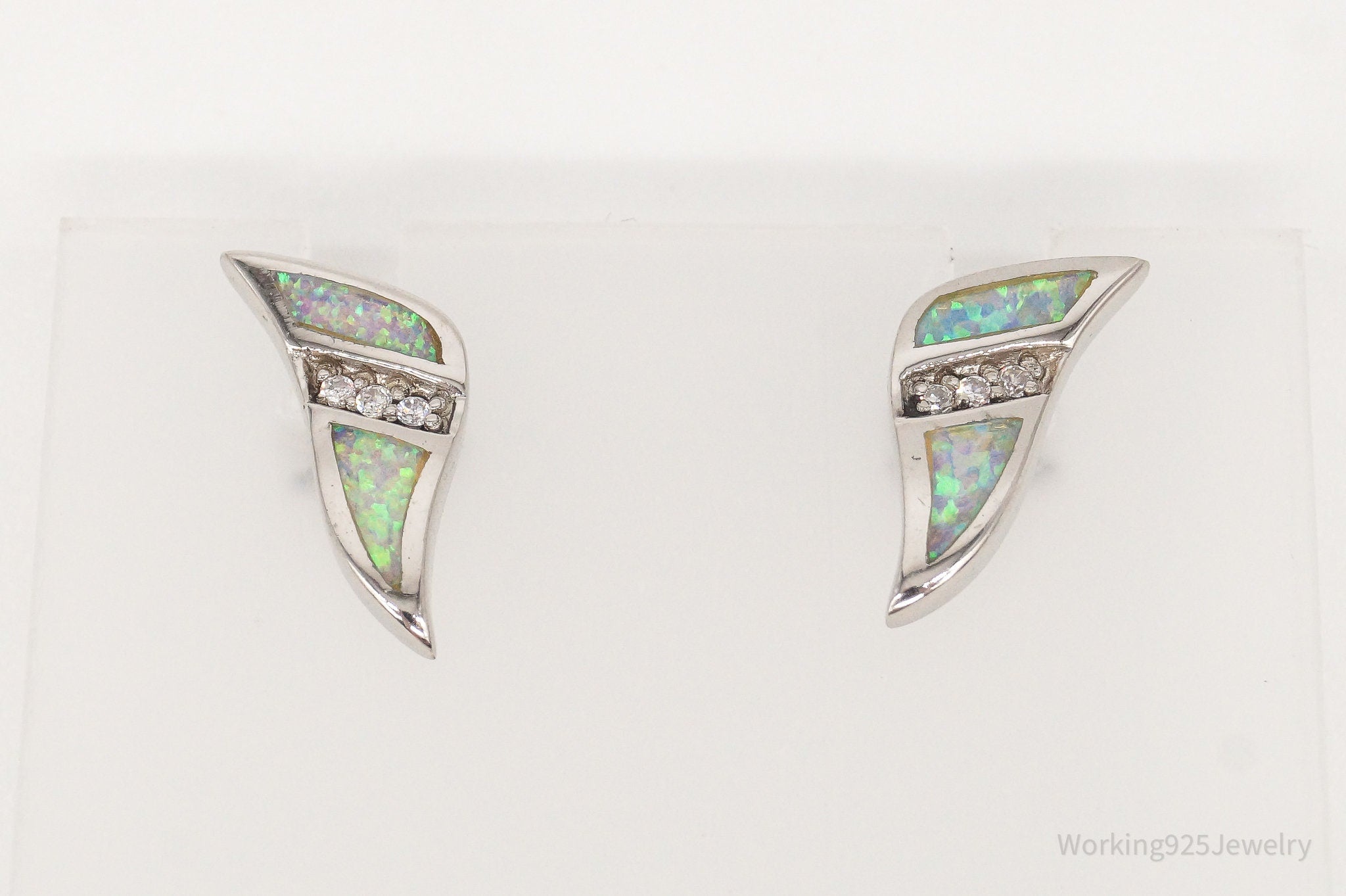 Vintage Opal Cubic Zirconia Art Deco Sterling Silver Earrings