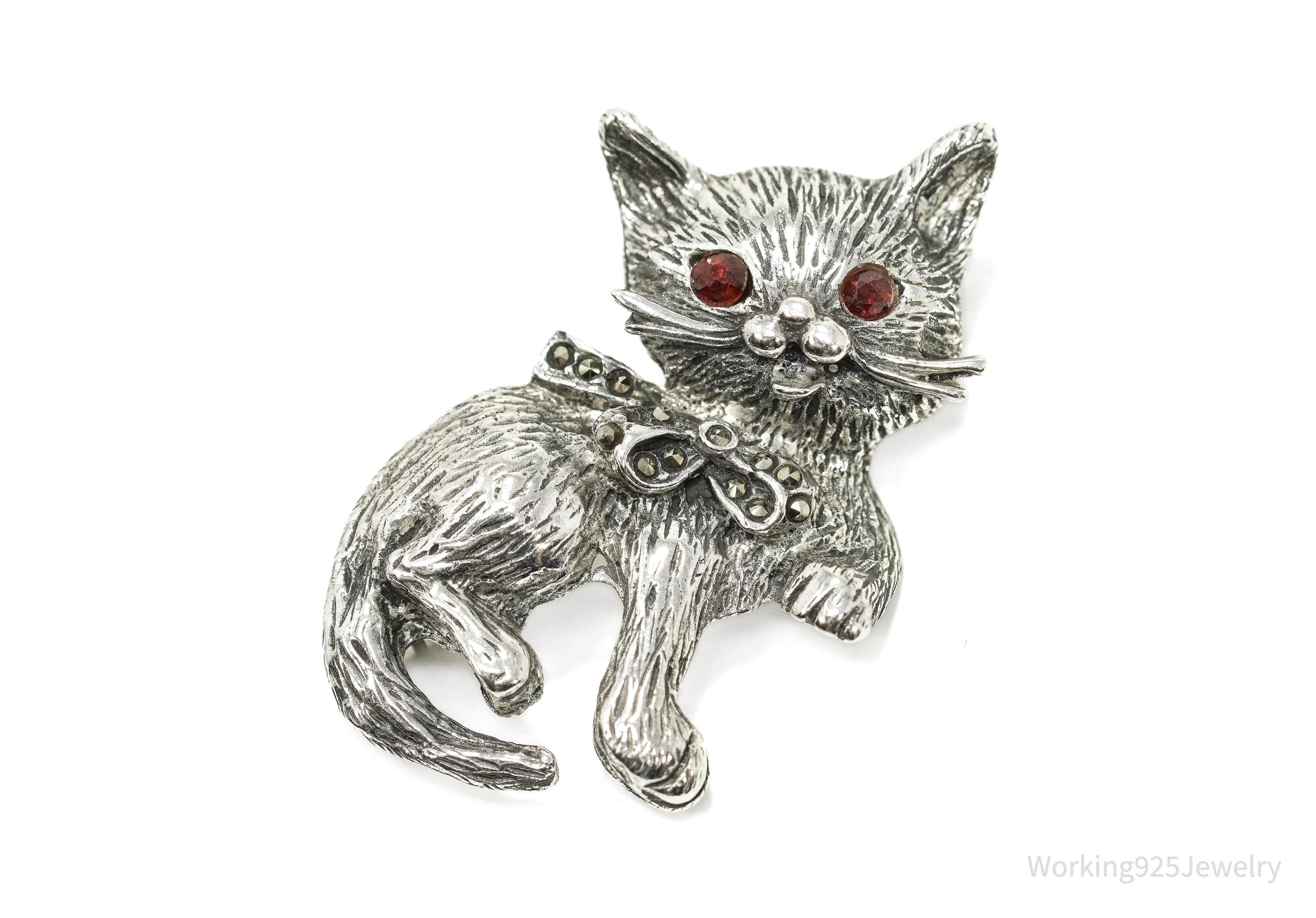 Vintage Cat Kitten Red Stone & Marcasite Silver Brooch Pin