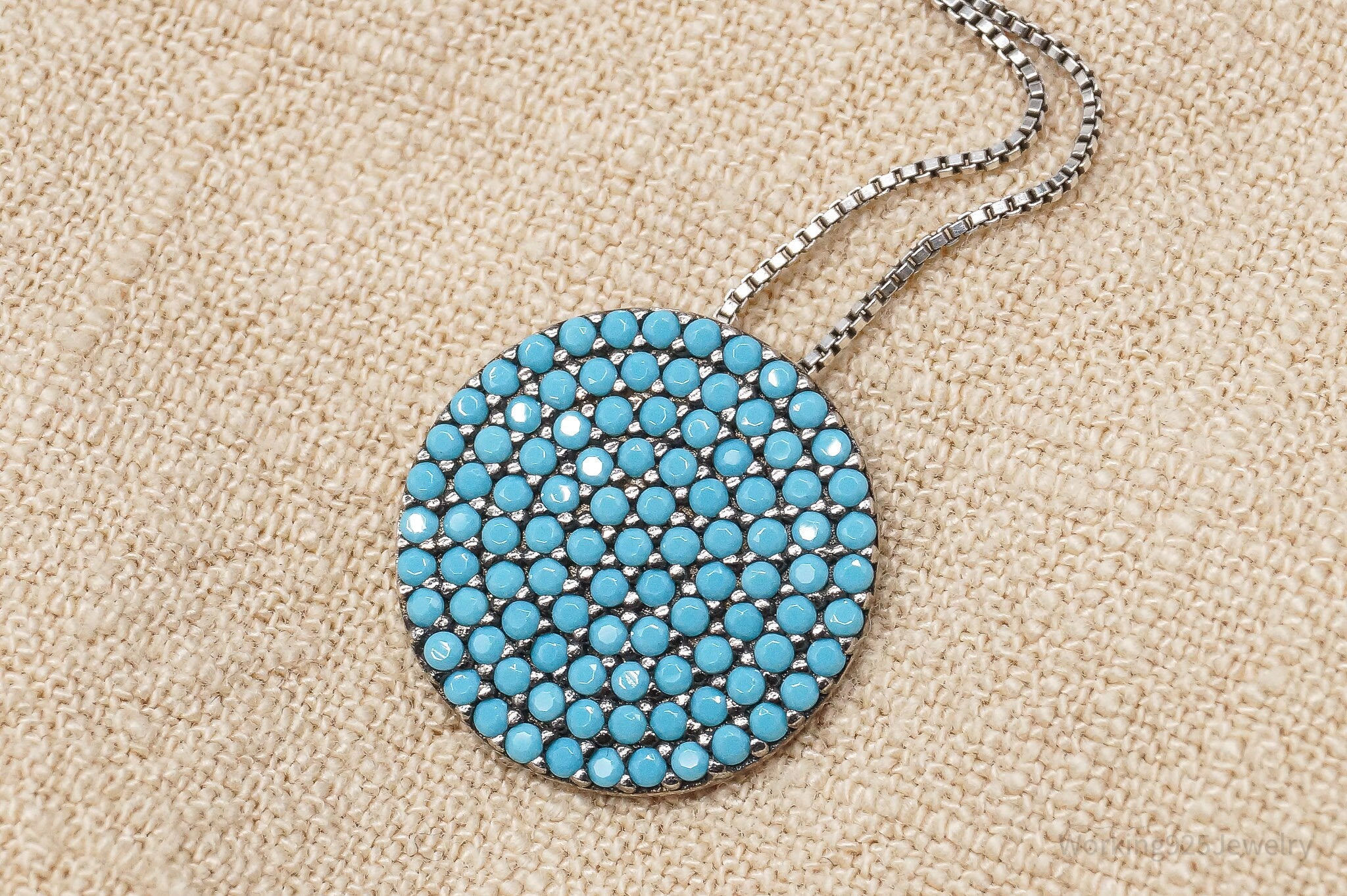 Vintage Blue Turquoise Pendant Sterling Silver Necklace 16"