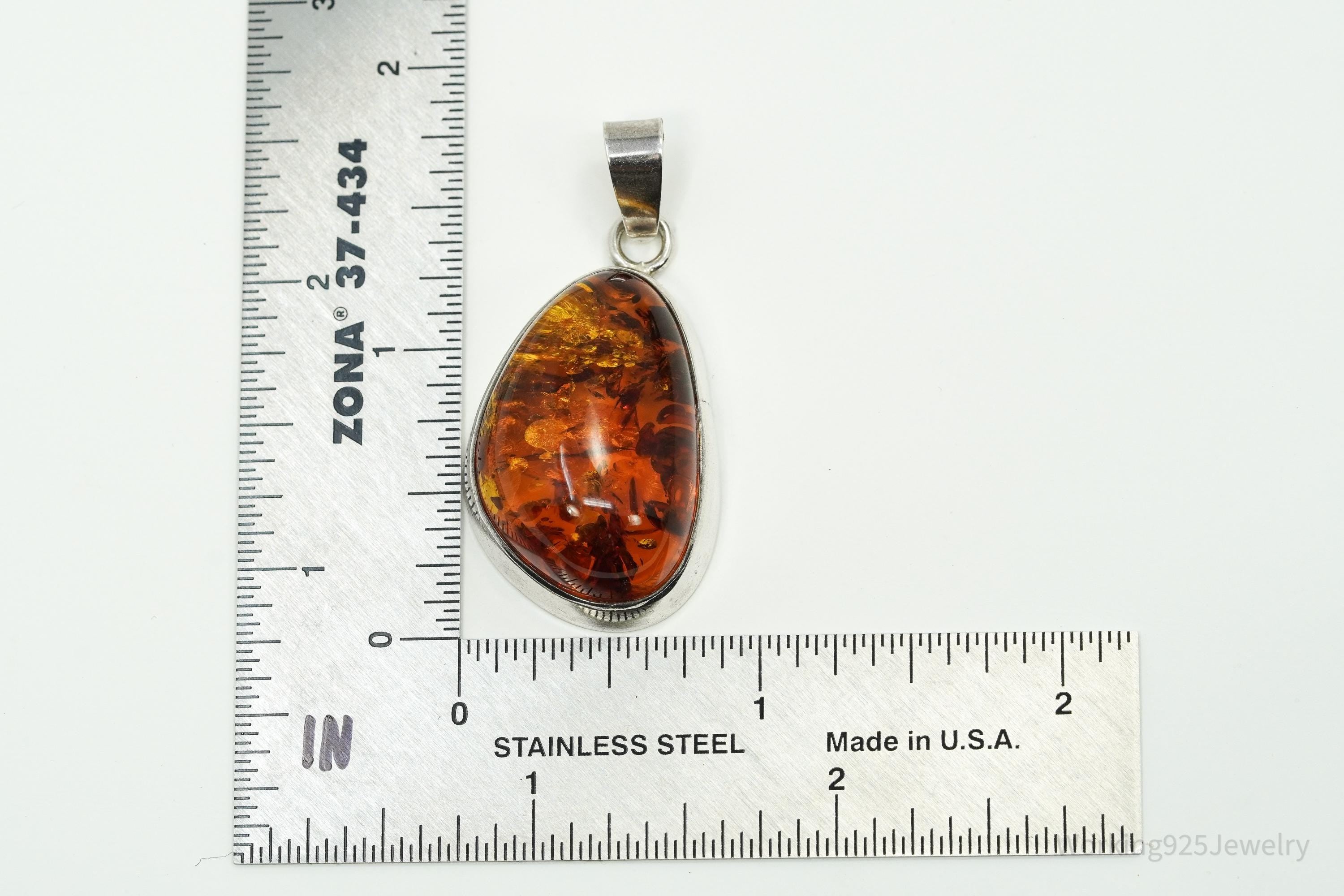 Large Vintage Modernist Amber Sterling Silver Pendant