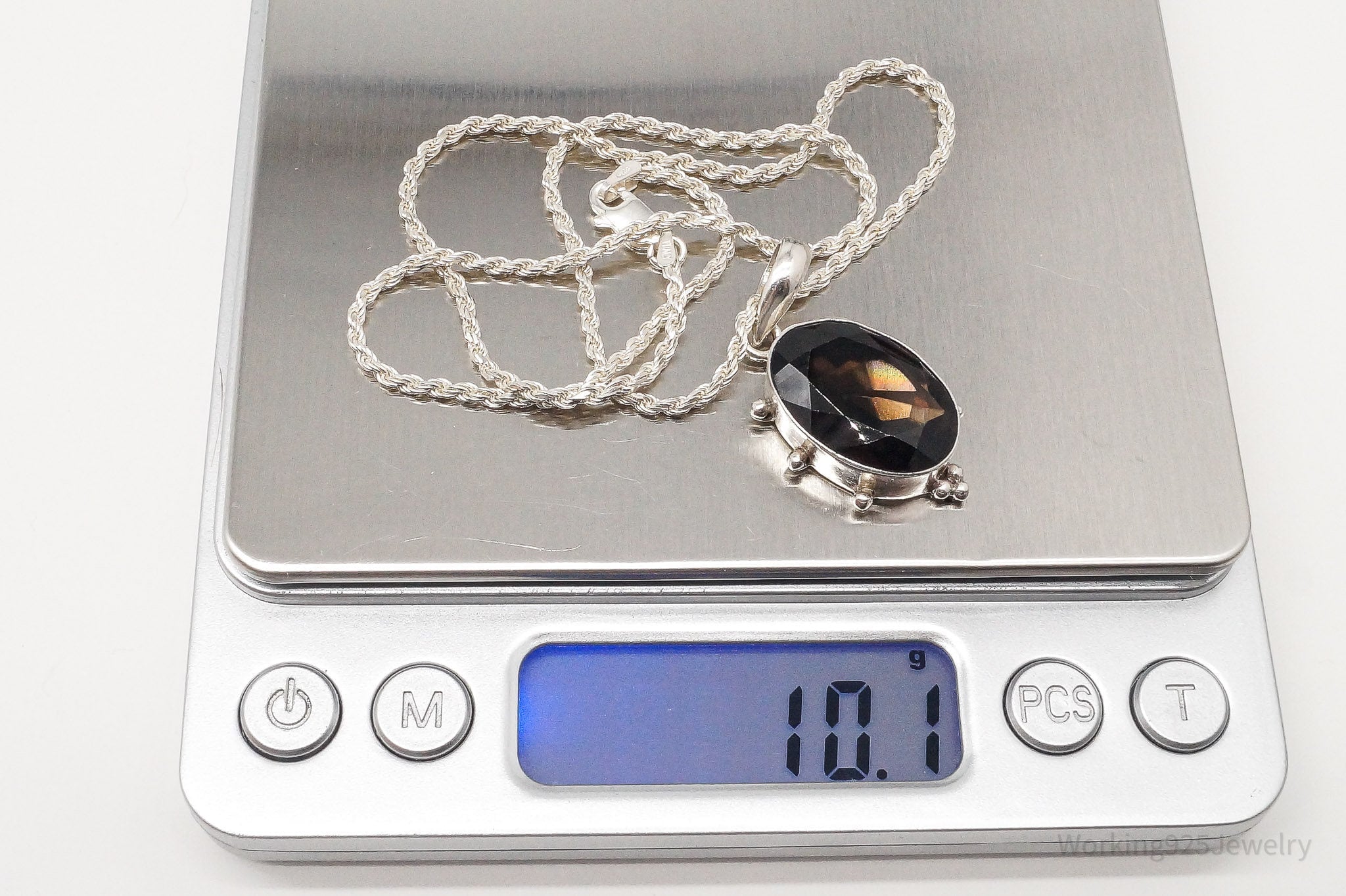 Vintage Large Smoky Topaz Sterling Silver Necklace 16"