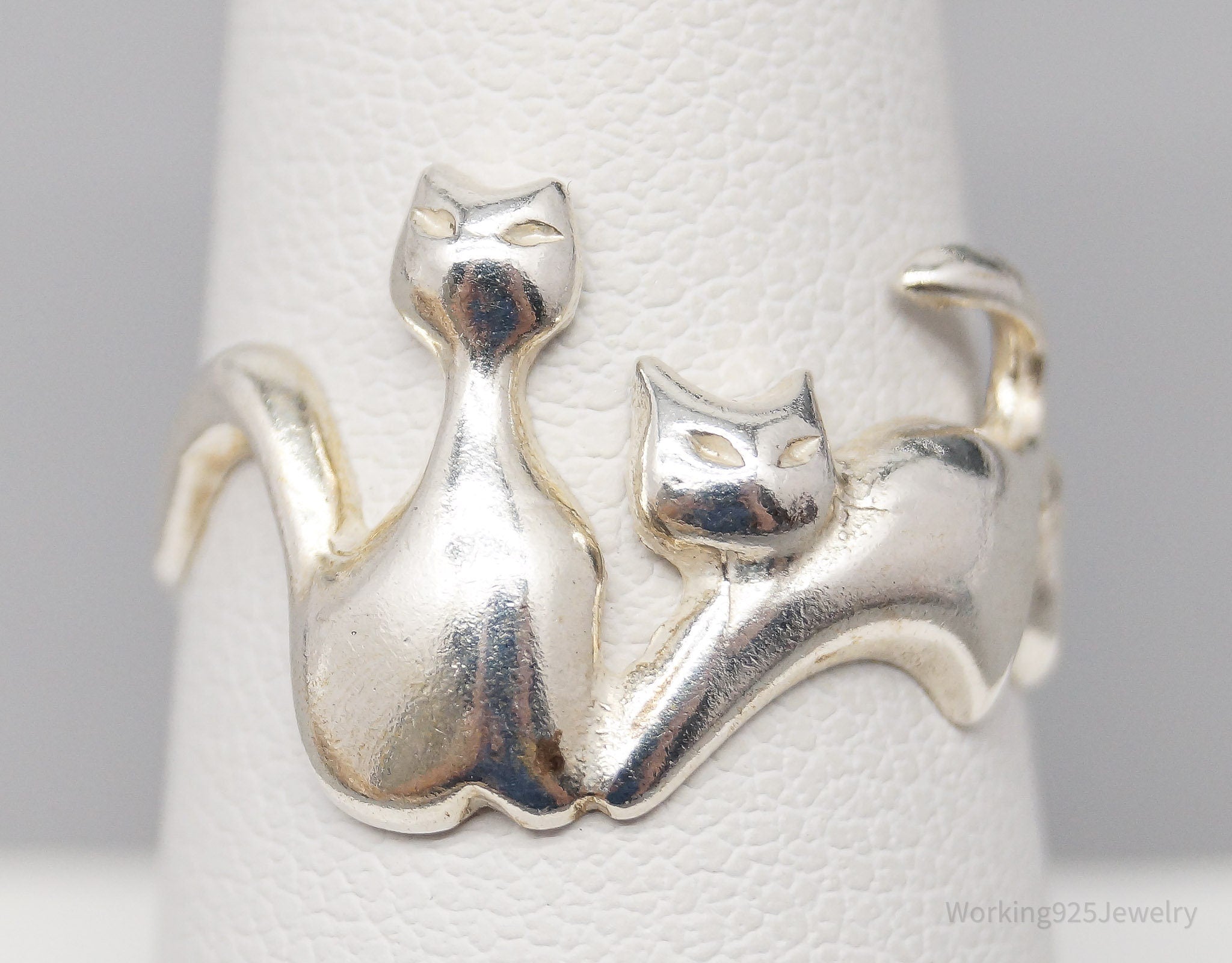 Vintage Cats Kittens Silver Ring - Size 8.25