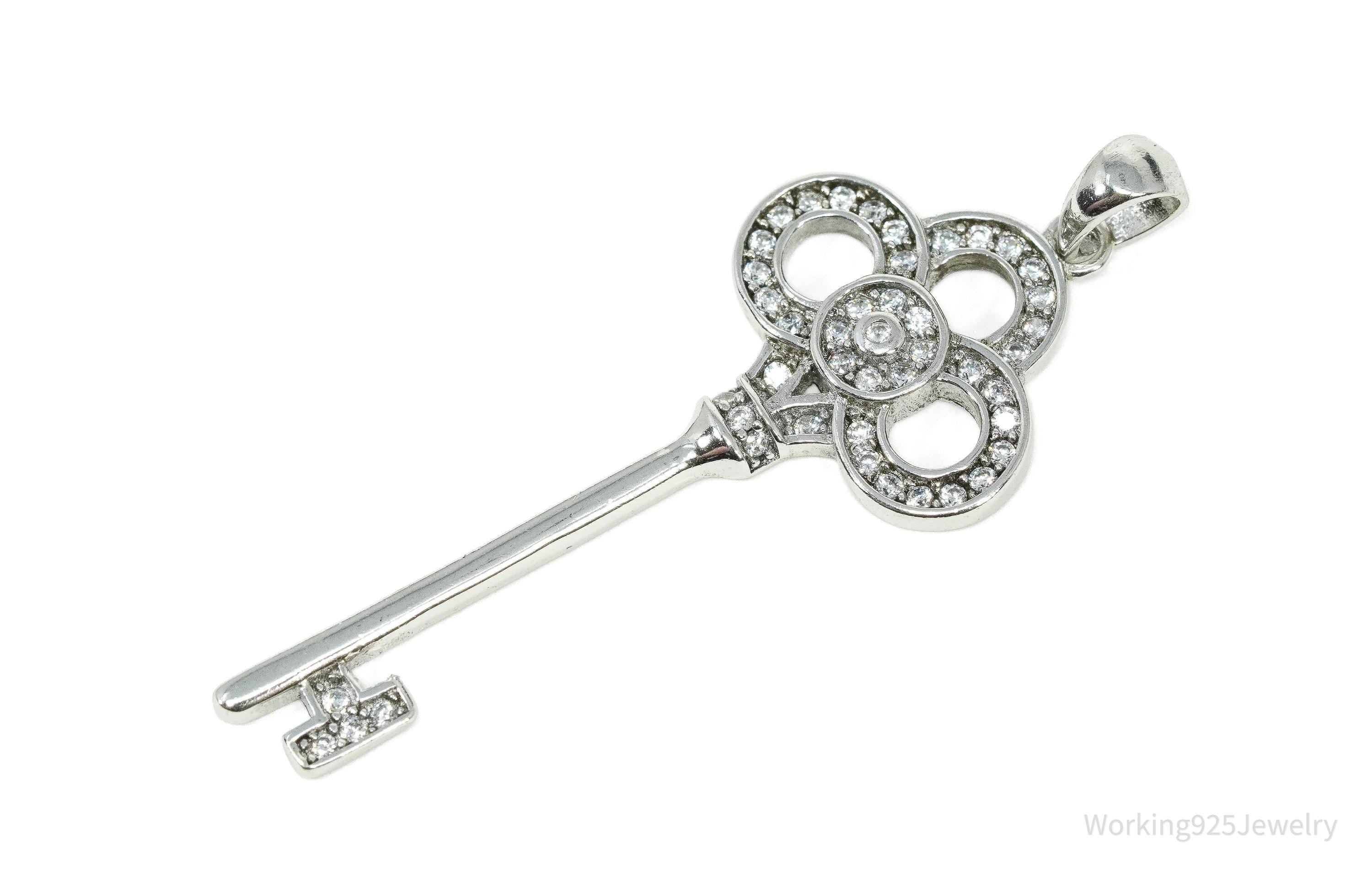 Vintage Cubic Zirconia Sterling Silver Key Pendant 1 11/16"