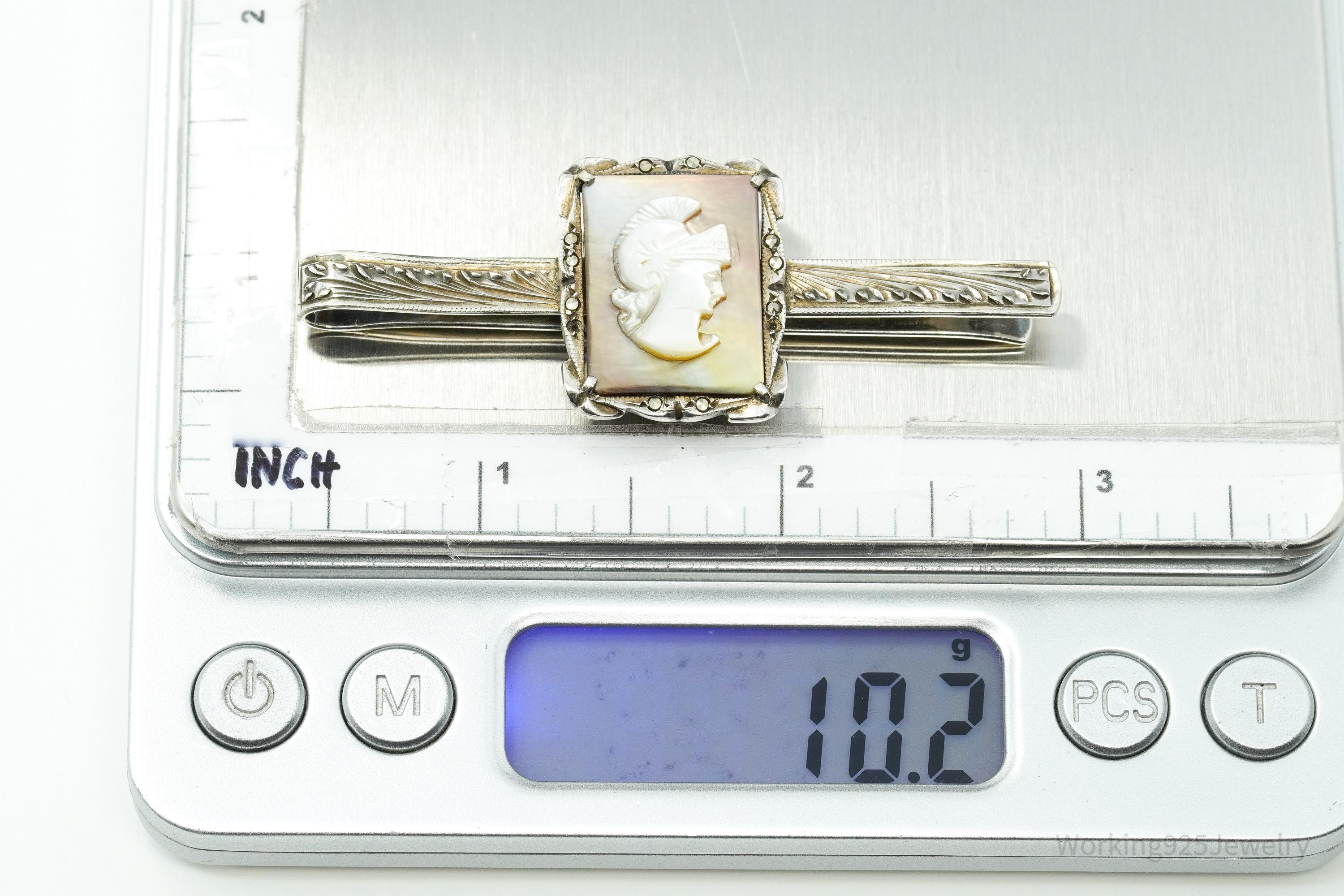 Antique Victorian 800 Silver Mother of Pearl Cameo And Marcasite Warrior Tie Clip