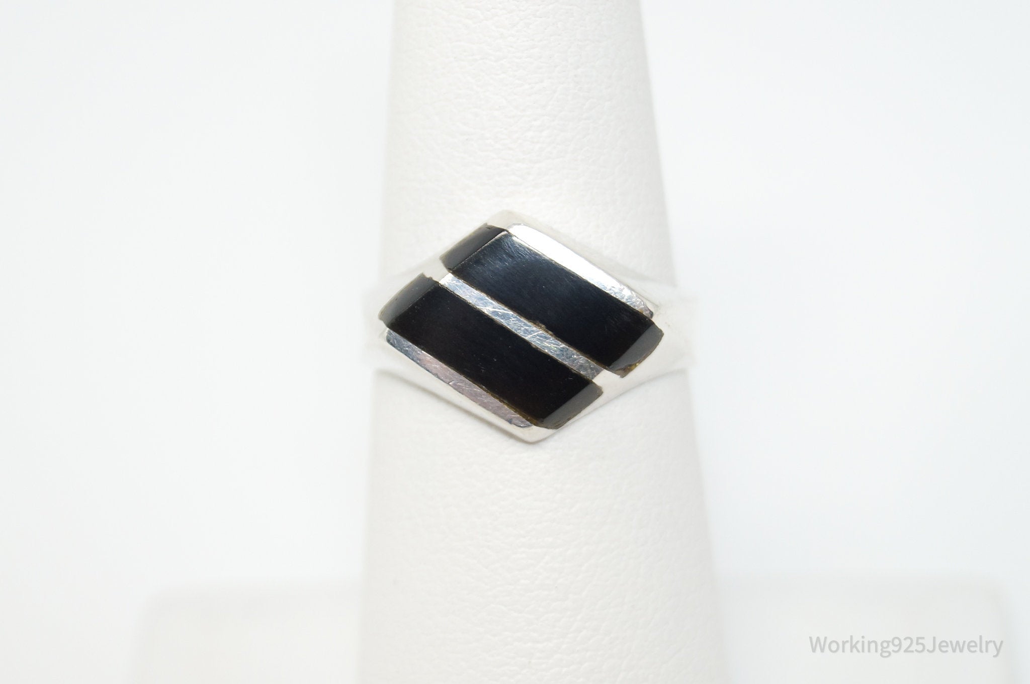 Vintage Taxco Mexico Designer Black Onyx Sterling Silver Ring - Size 6.25