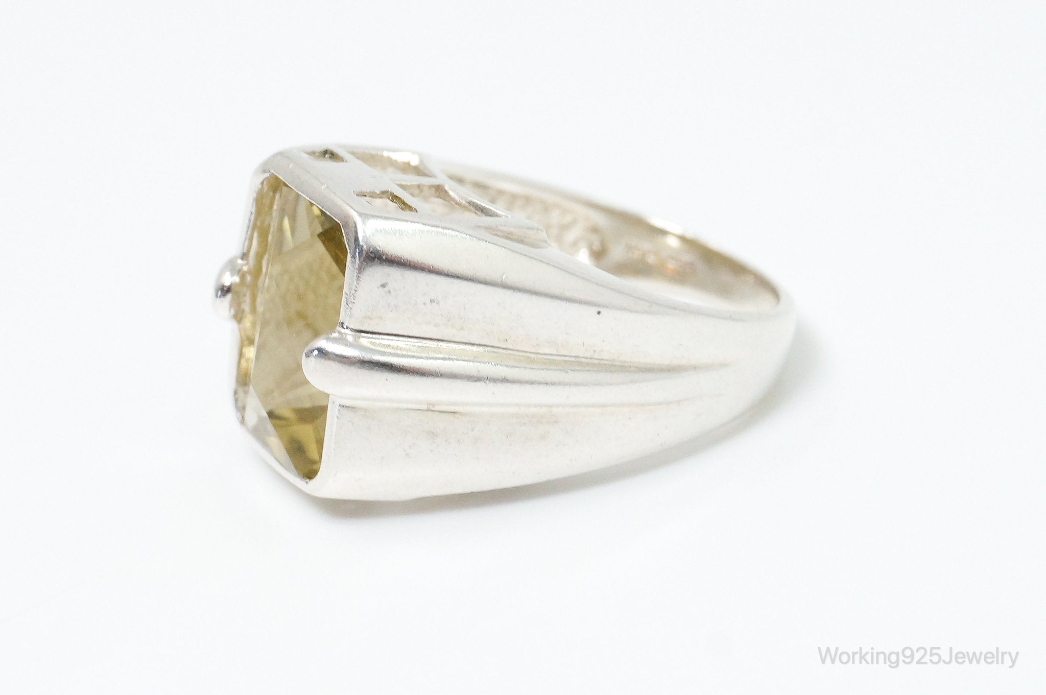 Vintage Art Deco Large Citrine Sterling Silver Ring - Size 8.5