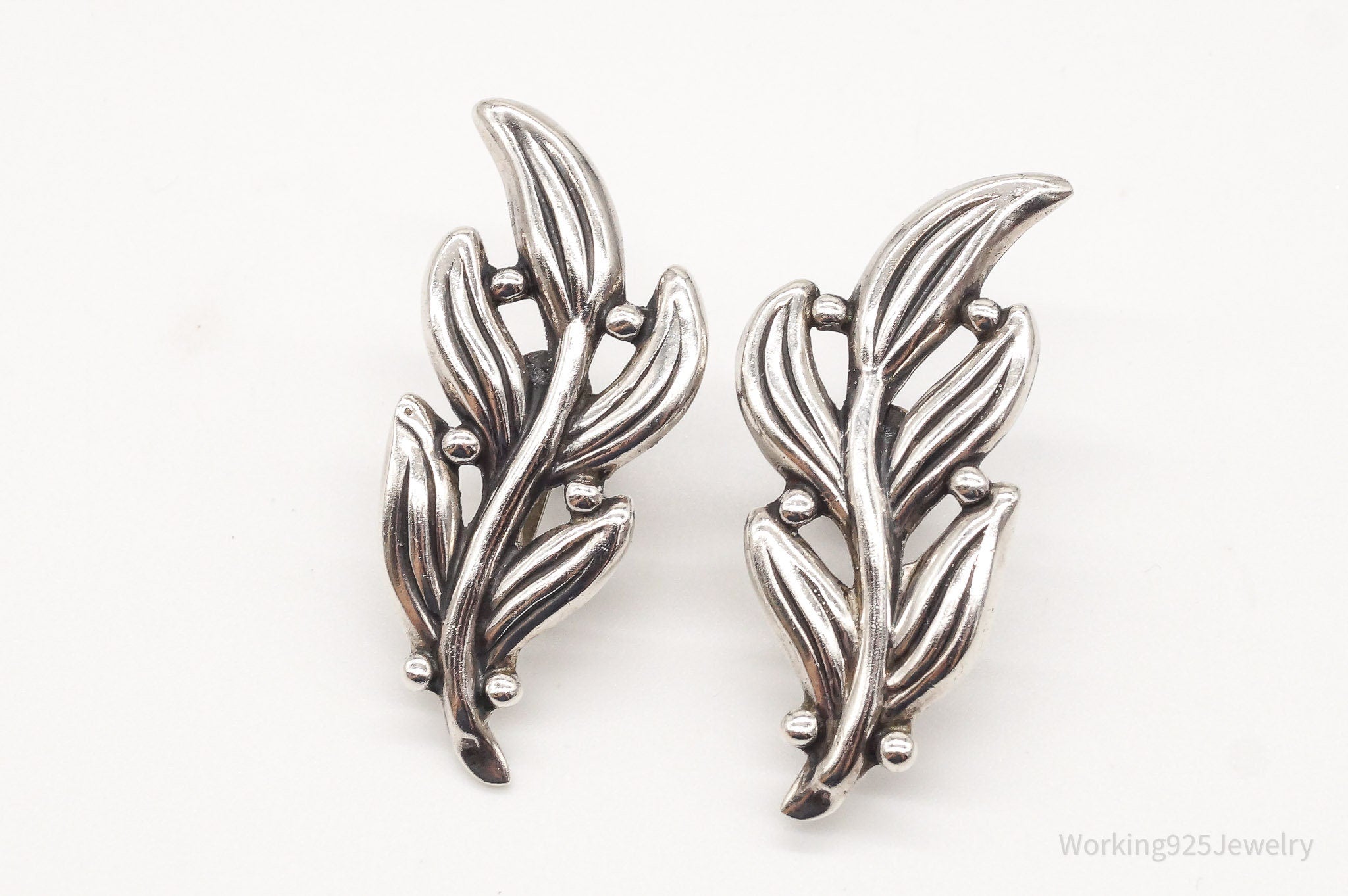 Vintage Mexico Modernist Hilario Lopez Fern & Spore Sterling Silver Earrings