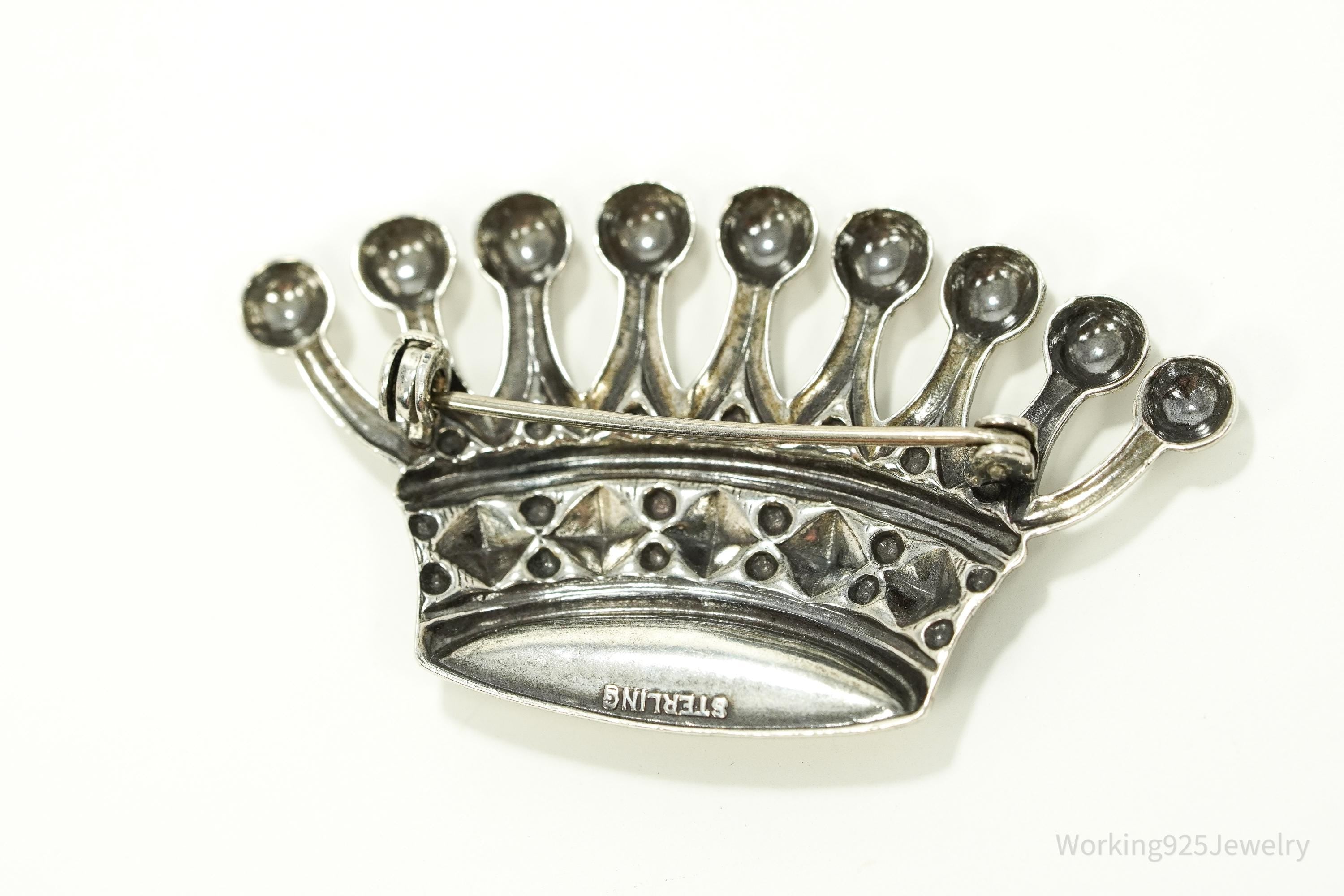 Large Antique Crown Sterling Silver Brooch Pin