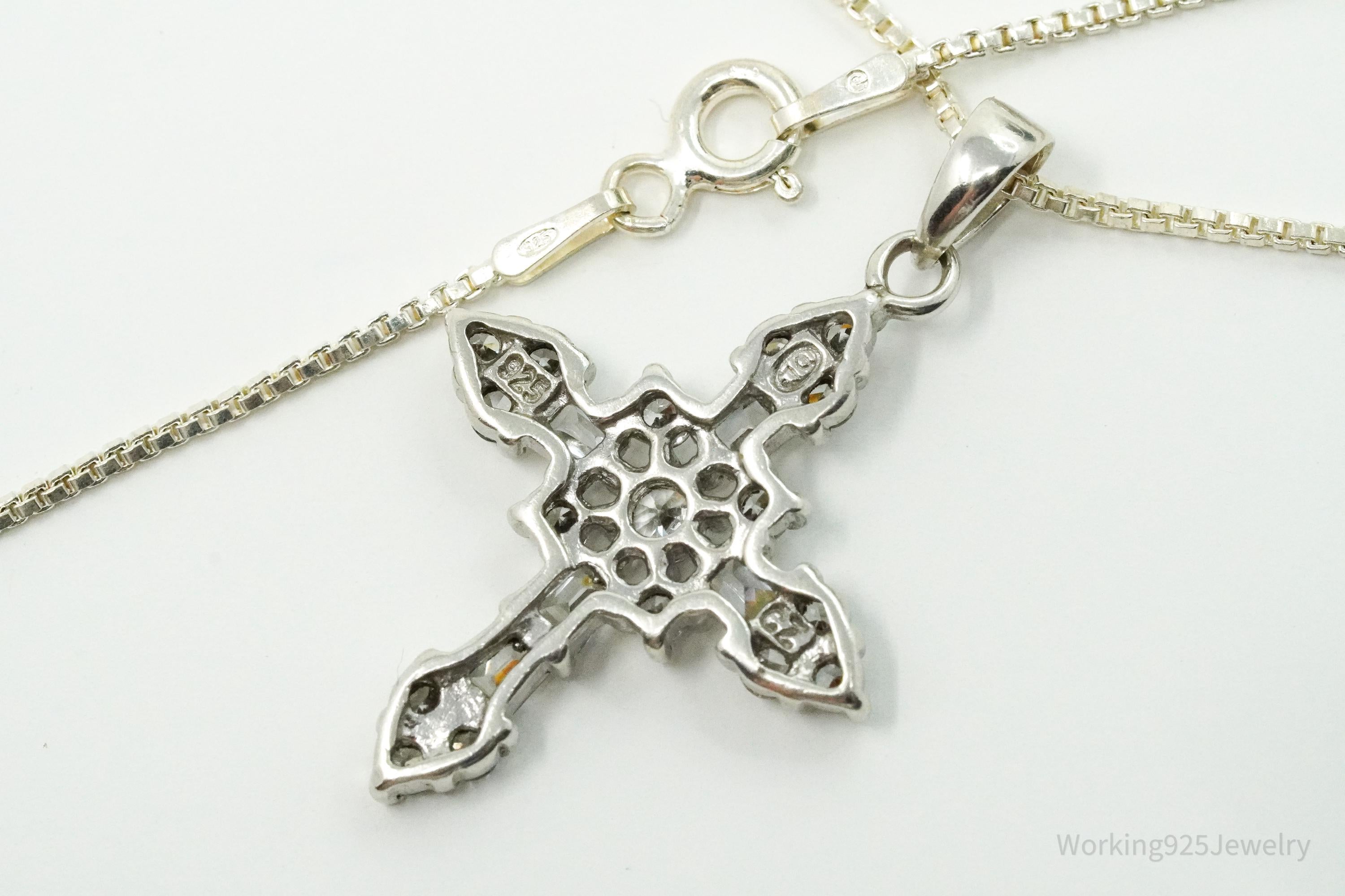 Vintage Cubic Zirconia Cross Sterling Silver Necklace 18"