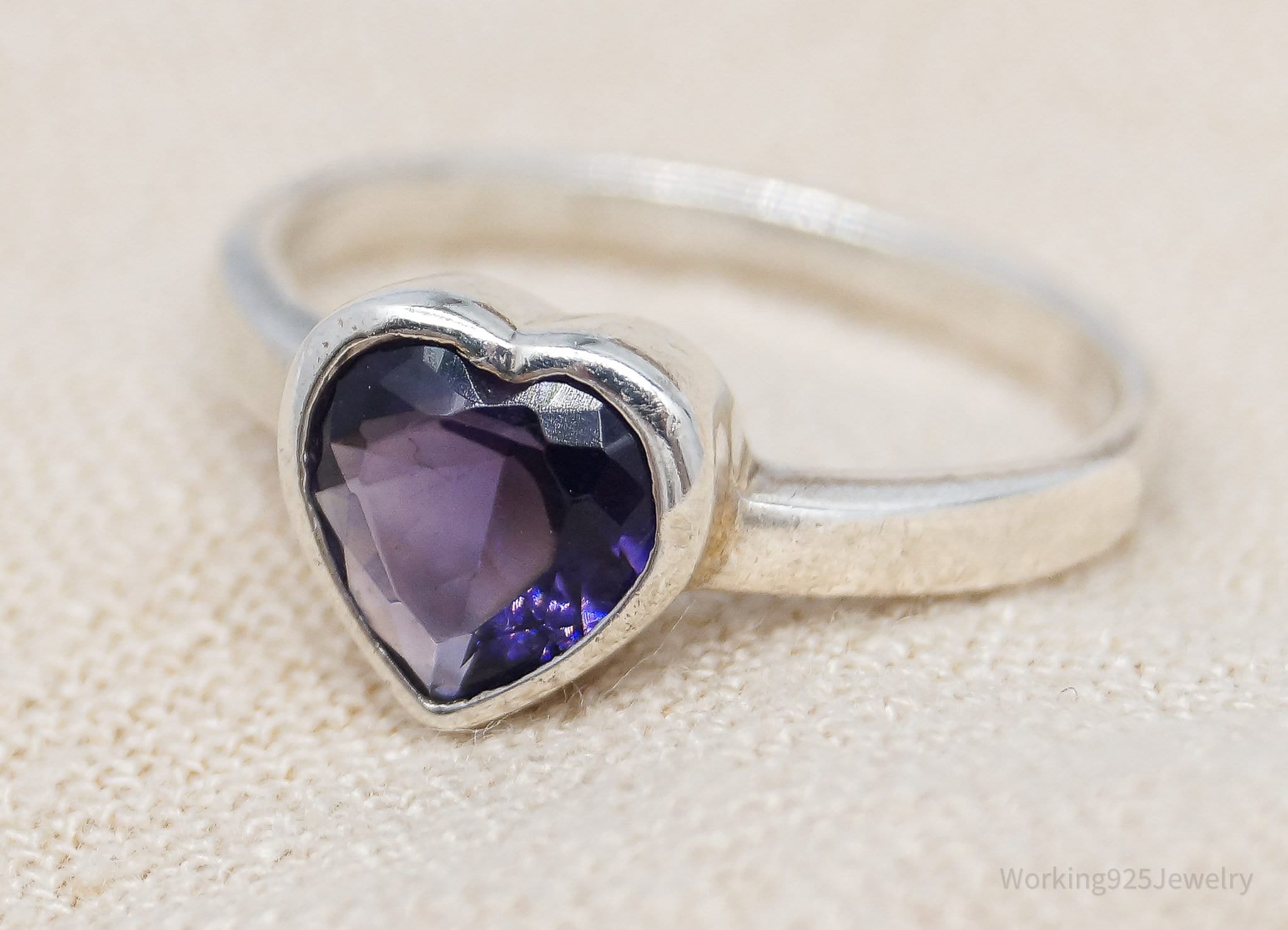 Vintage Faux Amethyst Heart Sterling Silver Ring - Size 6.75